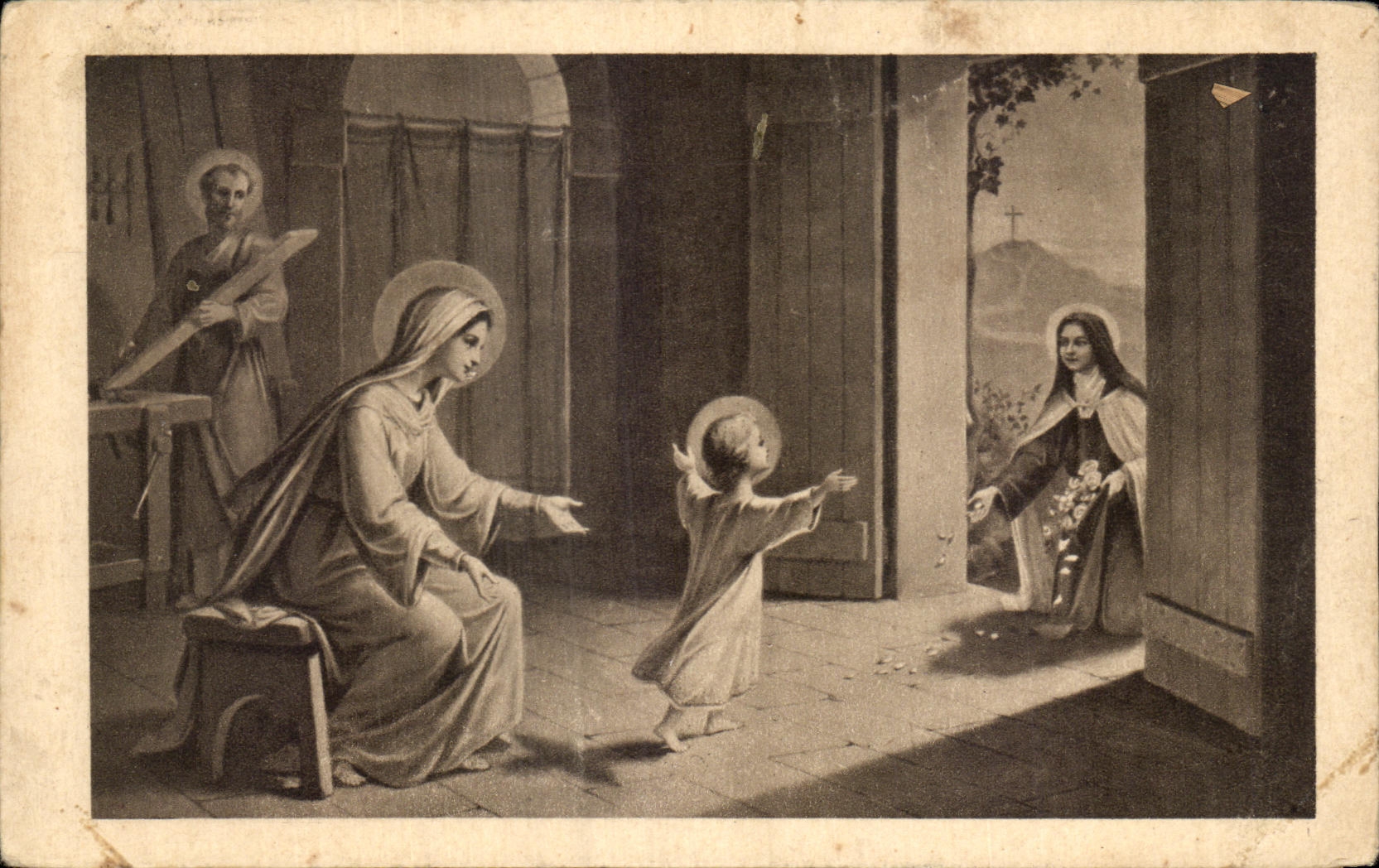 CPA co Therese of the Jesus Child throwing of the flowers under the steps of the Child allegorical Jesus Table Allegorical pictu