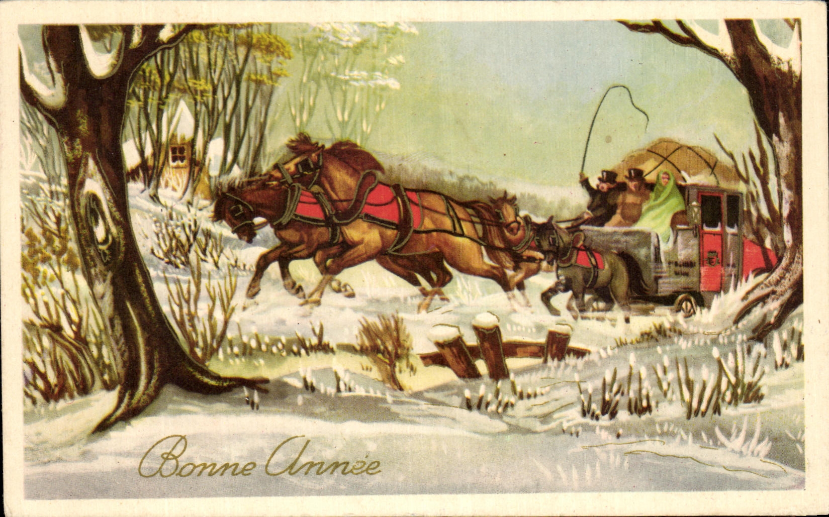 CPA Fantaisie Bonne Annee Caleche Cheval