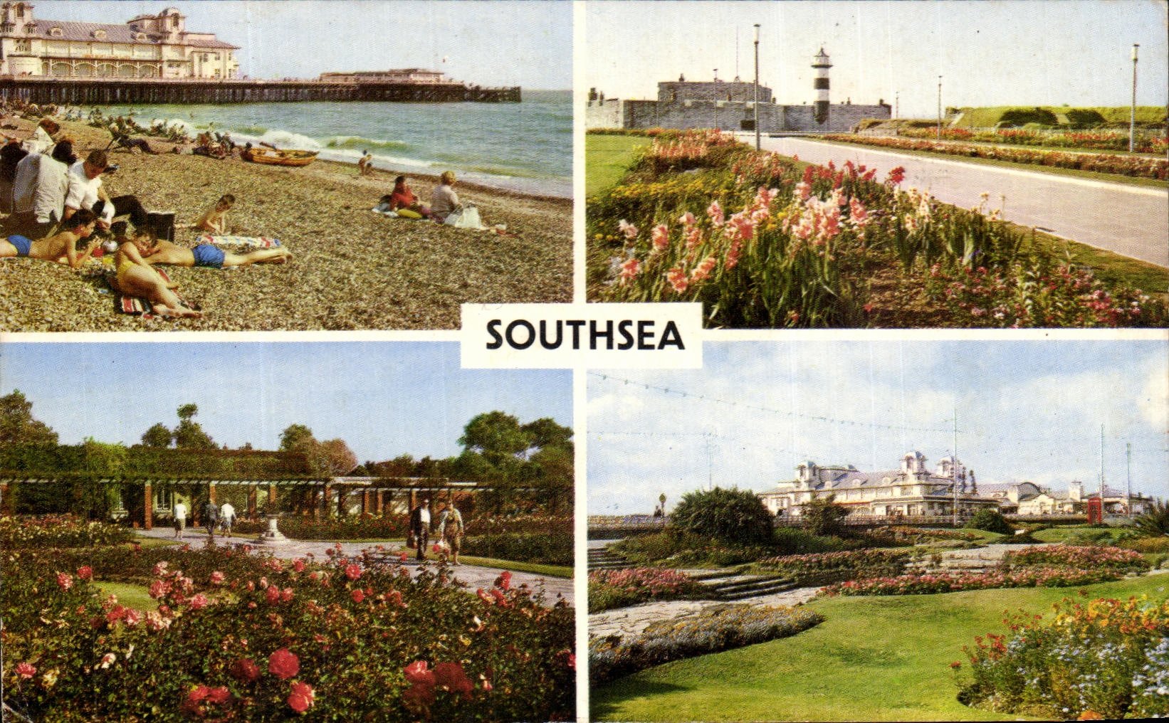MODERN CARD Southsea Beach and south Parade Pier Fort Pink Gardens