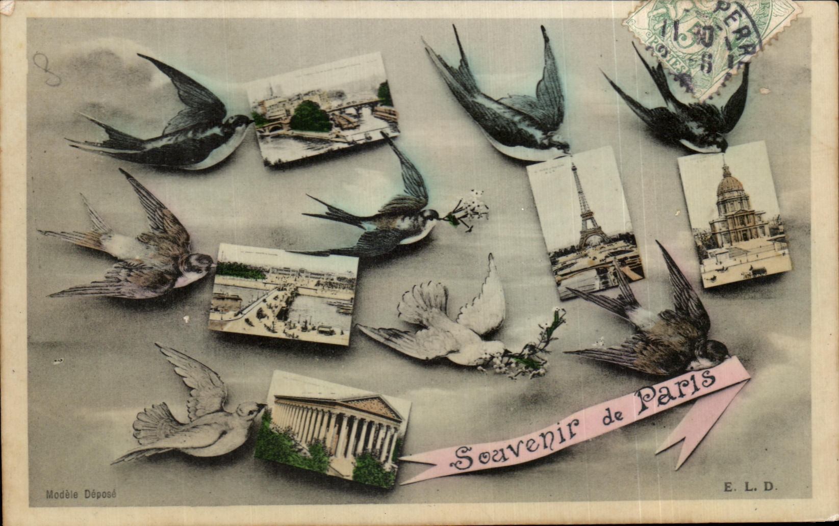 CPA Souvenir of Paris Swallows Tower Eiffel Madeleine Invalides