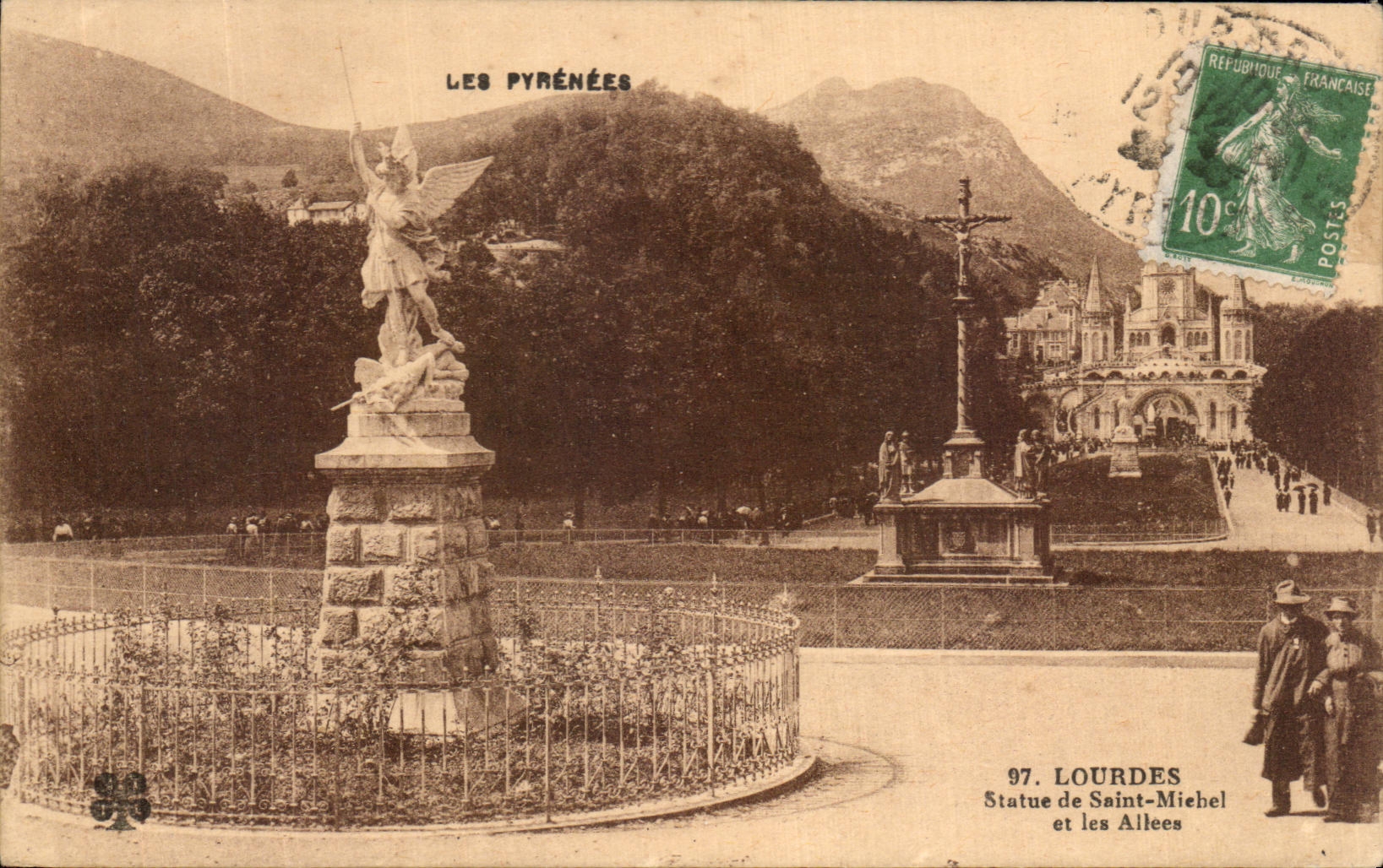 CPA the Pyrenees Lourdes Statue of Michel Saint and Alleys