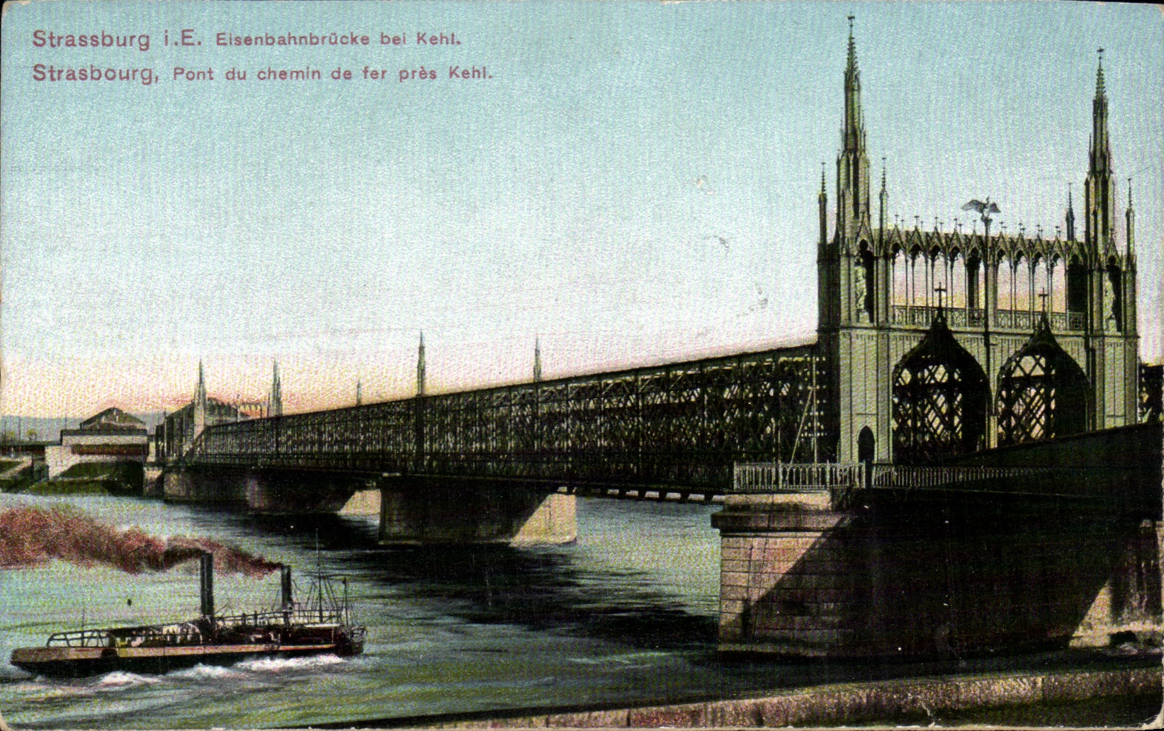 CPA Strassburg Eisenbahnbrucke beautiful Kehl Boat