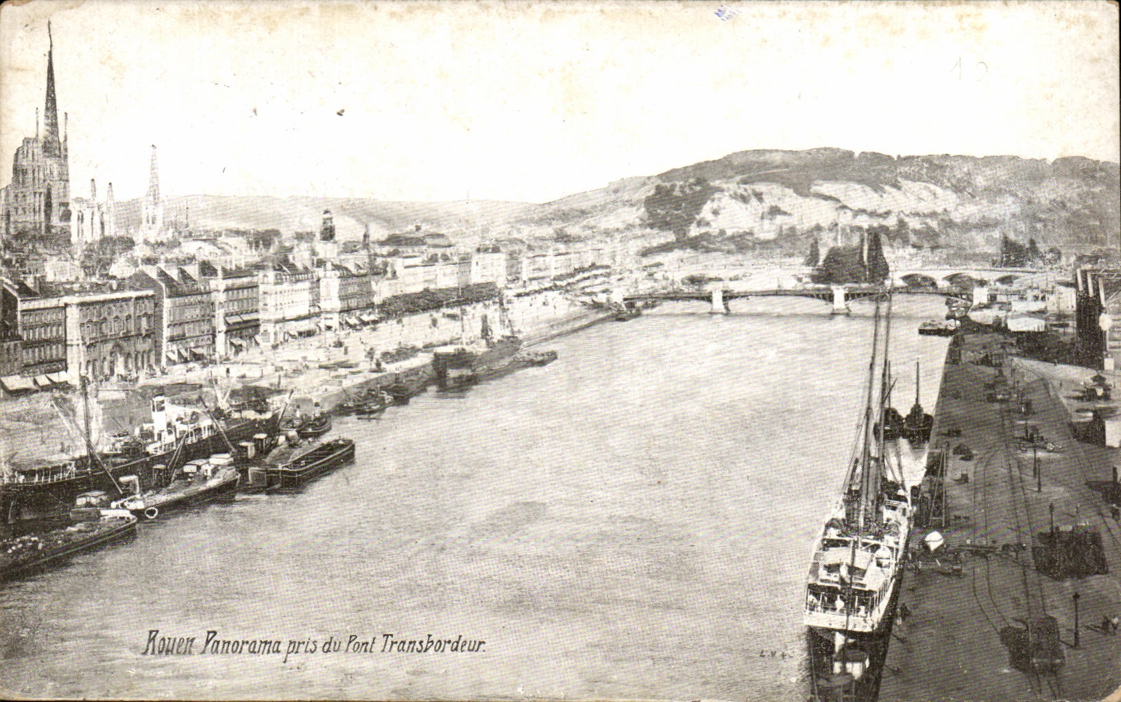 CPA Rouen Panorama Taken of the Transporter bridge Boats