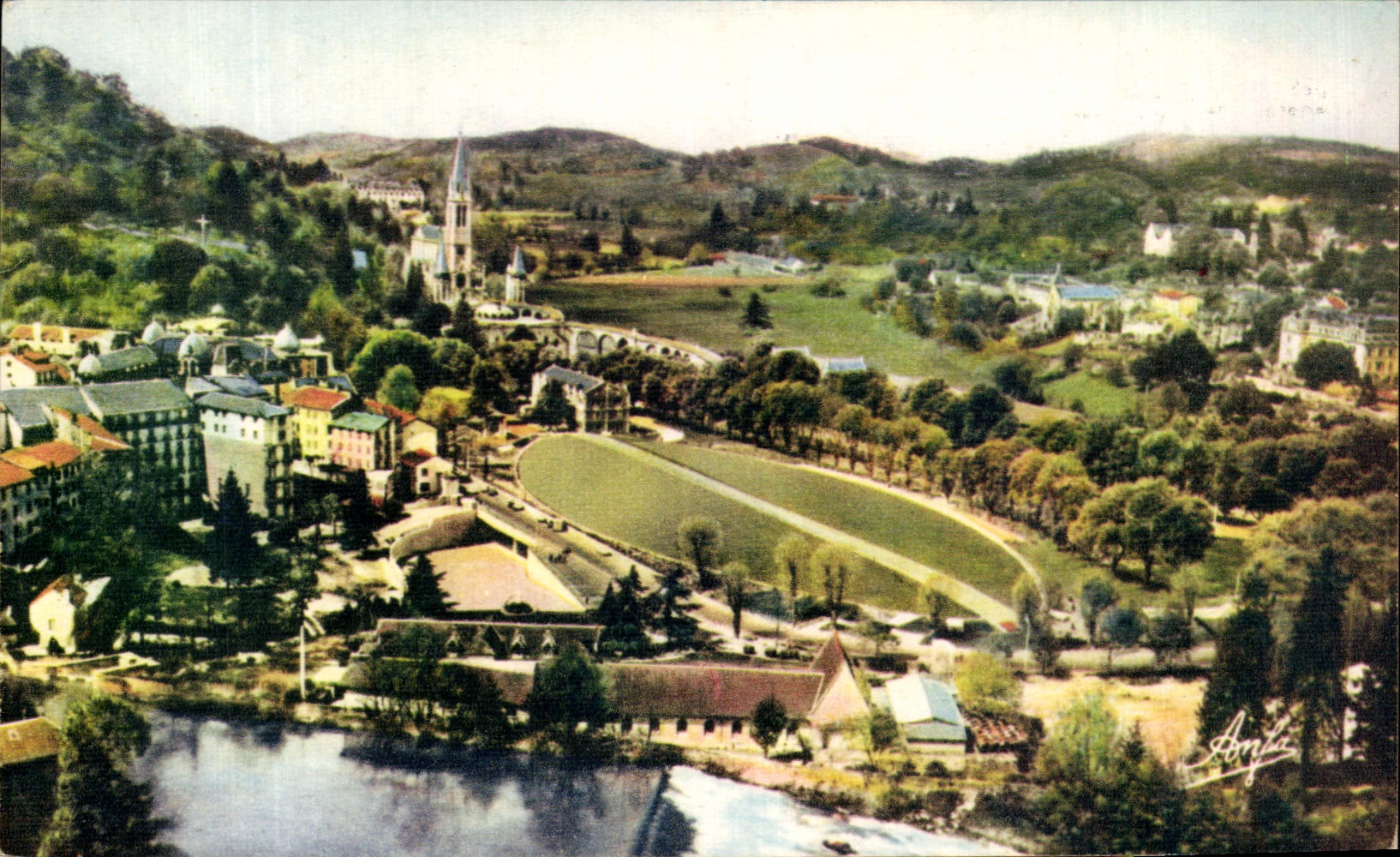 CPSM Lourdes View of the two Basilicas