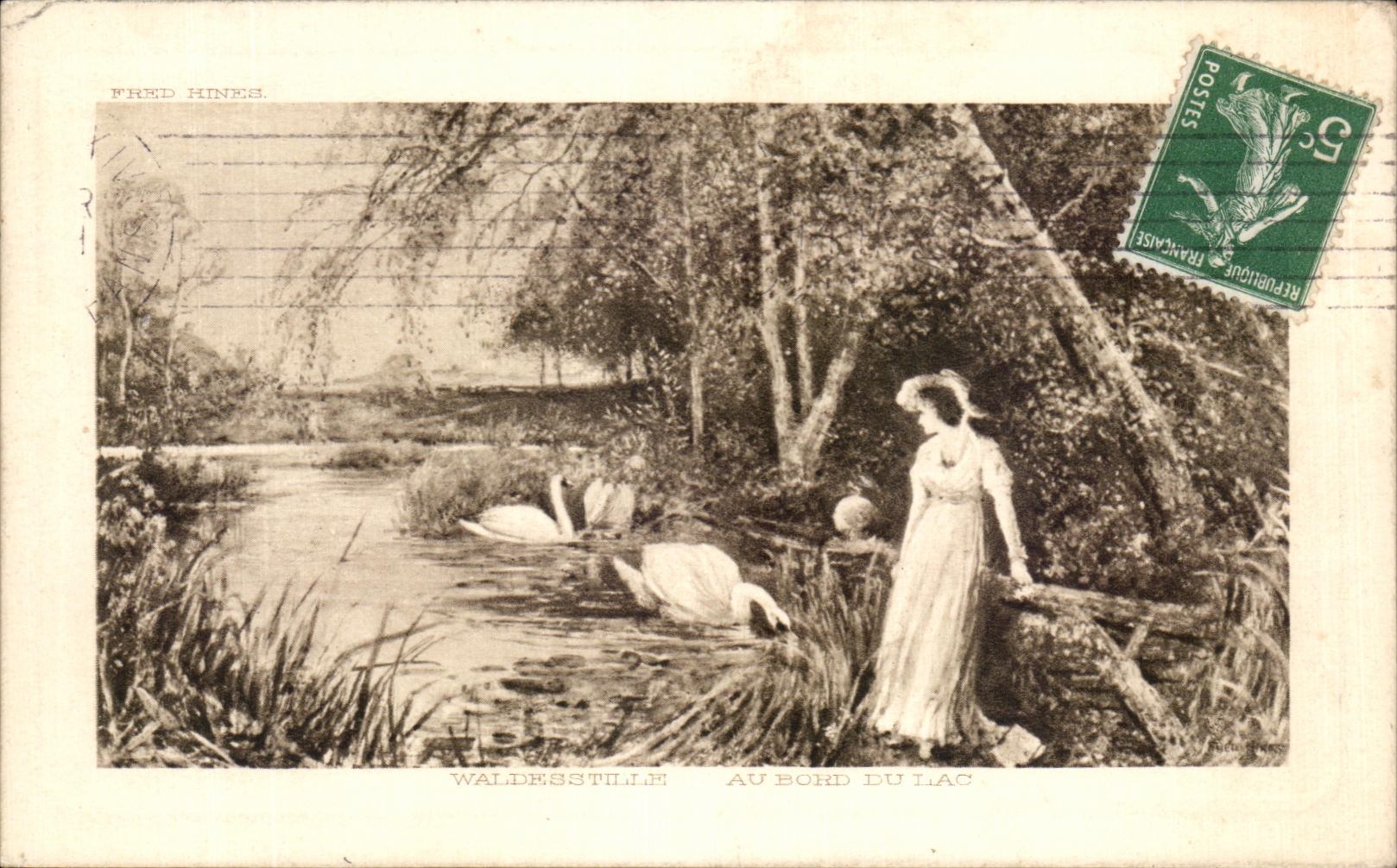 CPA Au Bord Du Lac Fantaisie Femme cygnes 