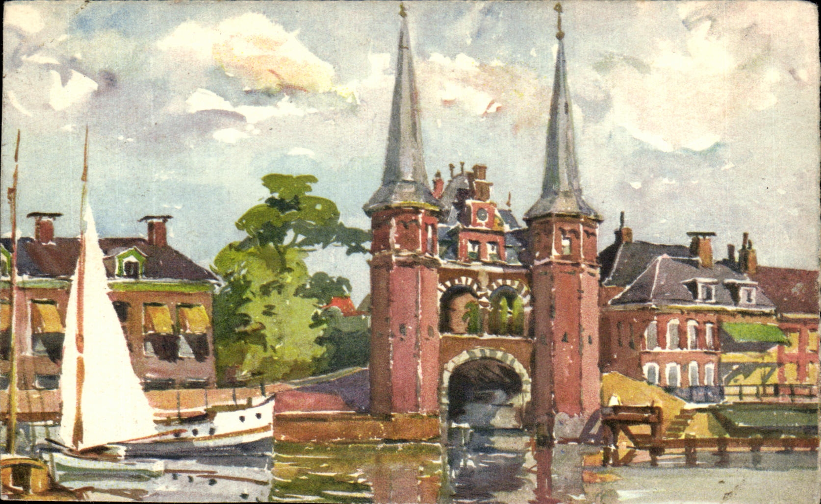 CPA Petite ville au bord de l'eau Bateau