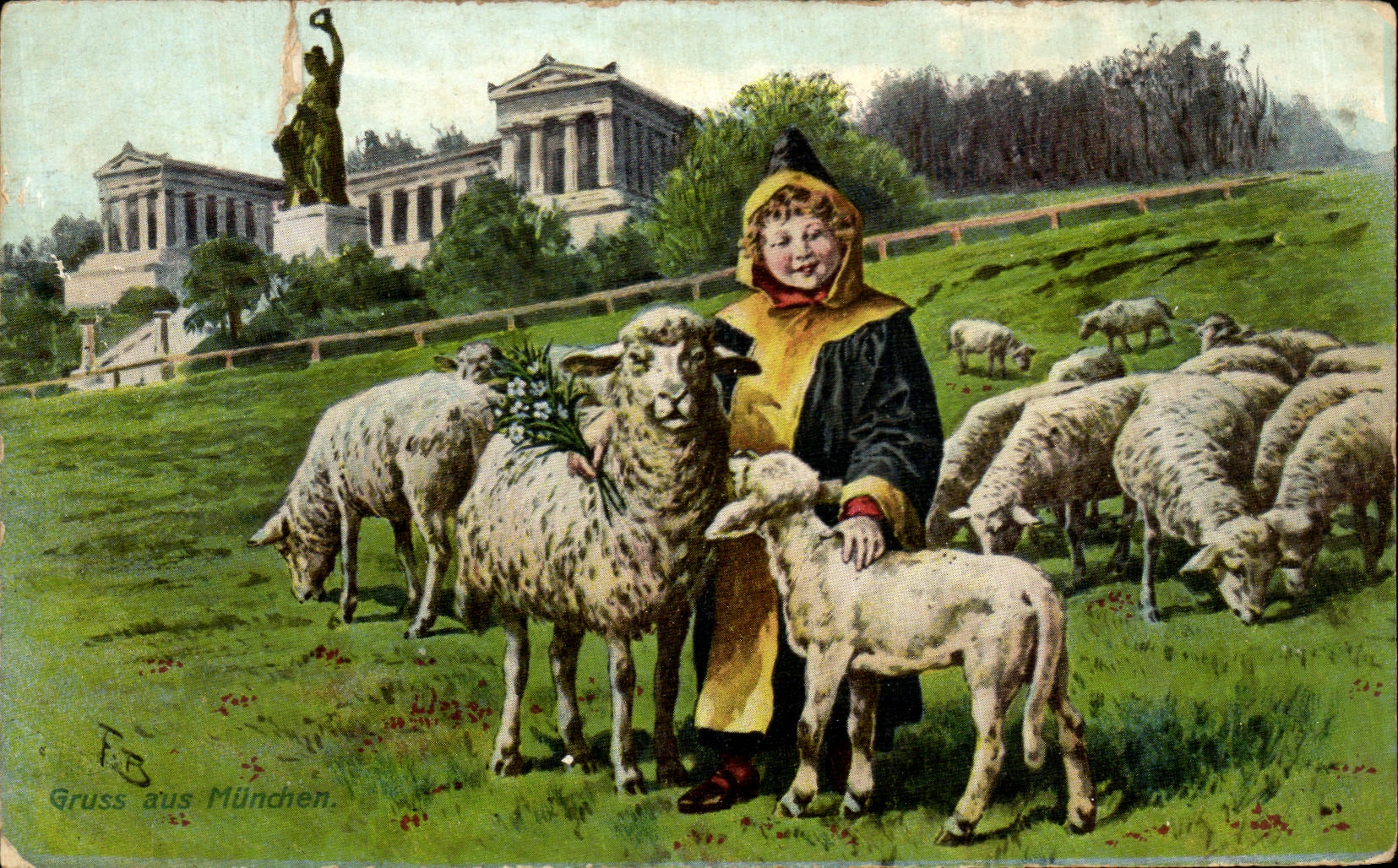 Aus Munchen de Gruss de las ovejas del nino de la fantasia de CPA