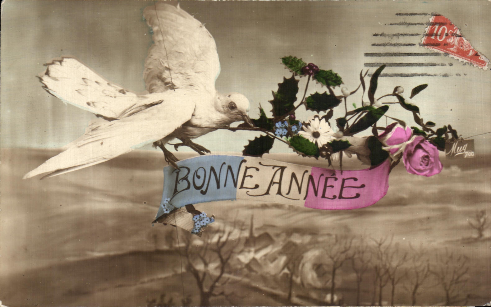 CPA Fantaisie Colombe Fleurs Bonne annee