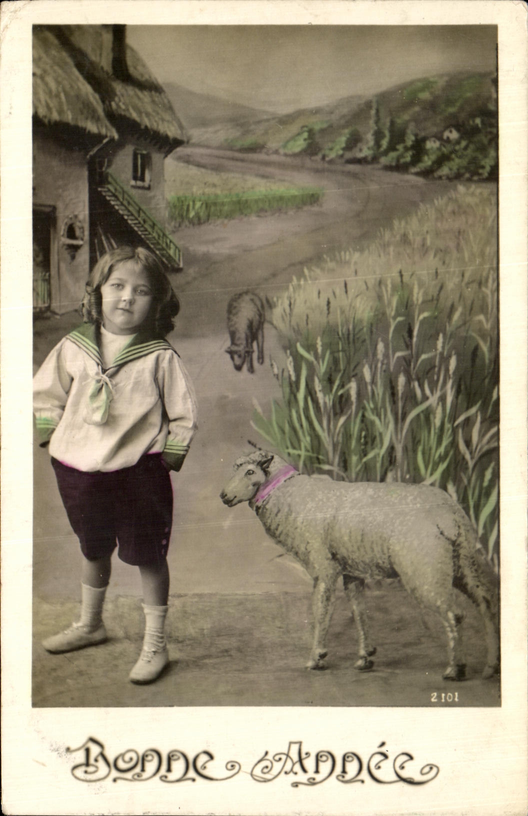 Feliz Ano Nuevo de las ovejas del nino de la fantasia de CPA