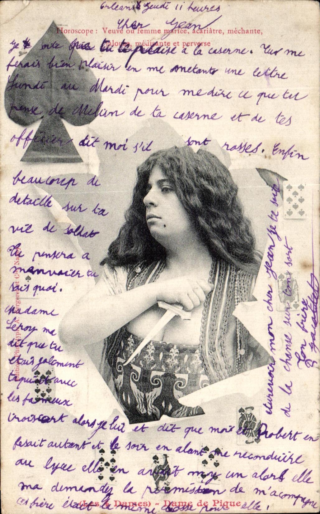 CPA Fantaisie Femme Horoscope Dame de Pique 