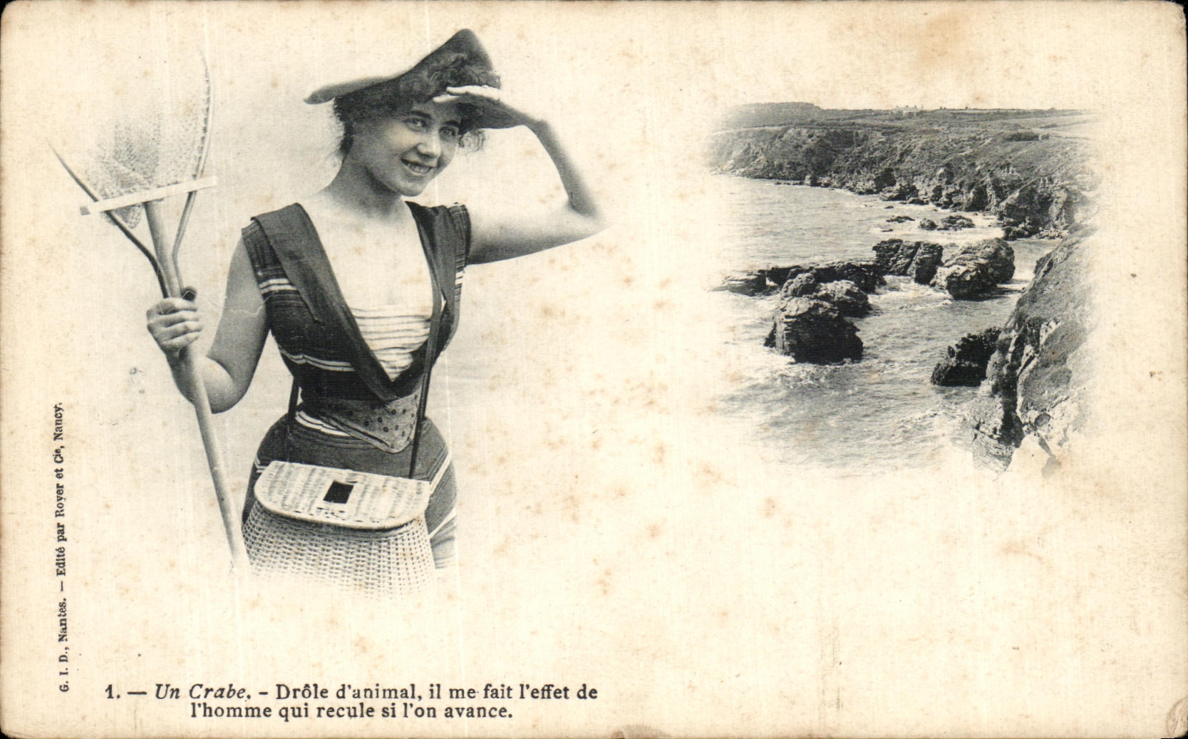 CPA Fantaisie Femme Un crabe Drole d'naimal 