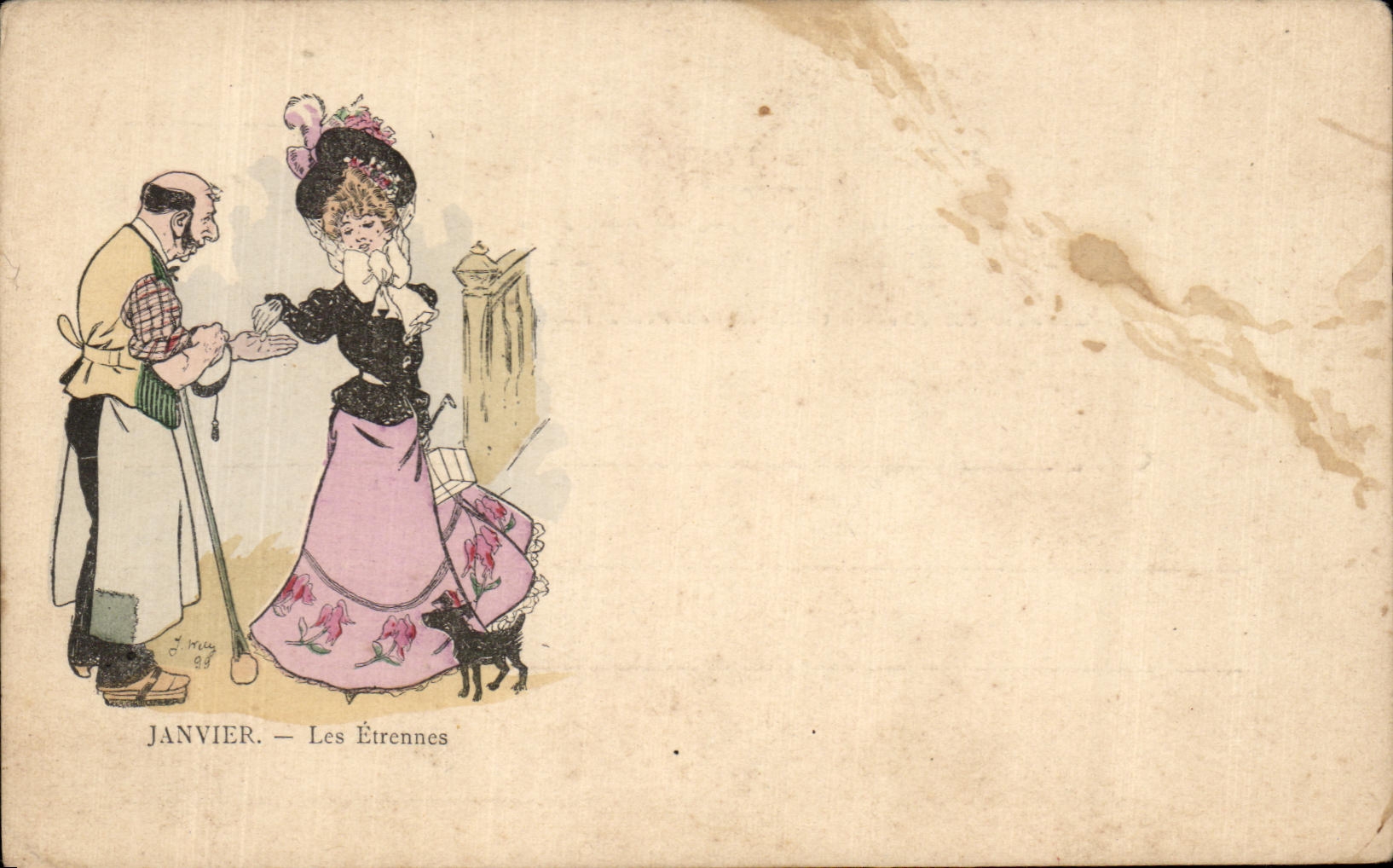 CPA Fantaisie Femme Janvier Les etrennes Chein Garien