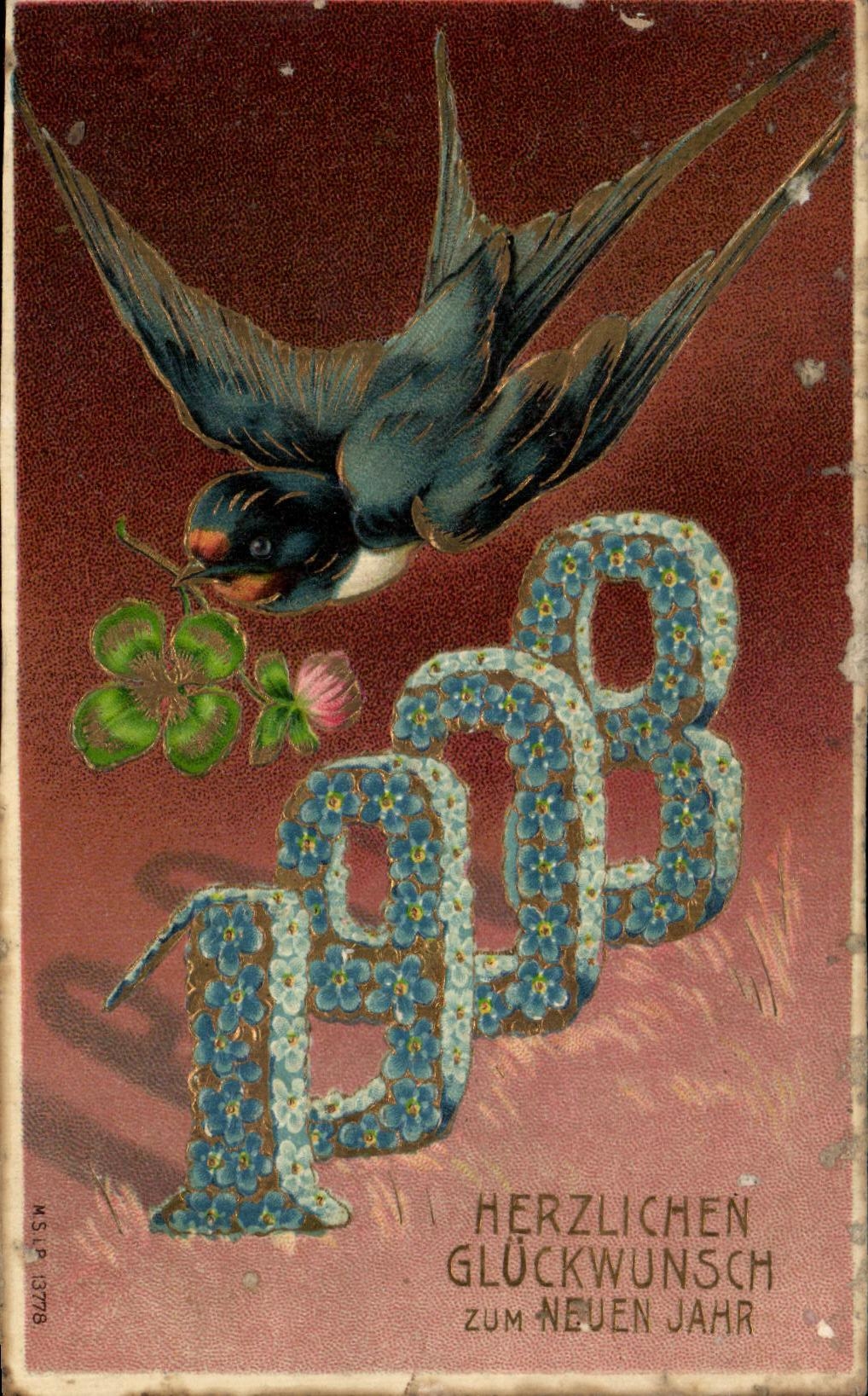 CPA Fantasy New year 1908 Flowers Swallow Clover
