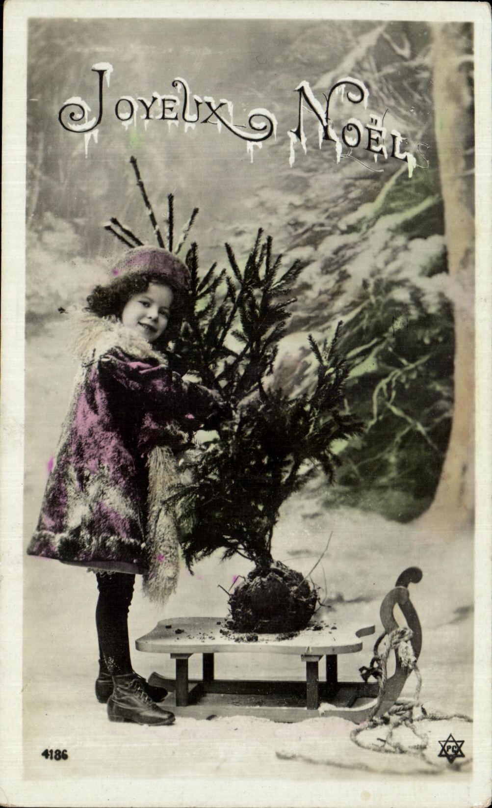 CPA Merry Christmas Child toboggan Fir tree