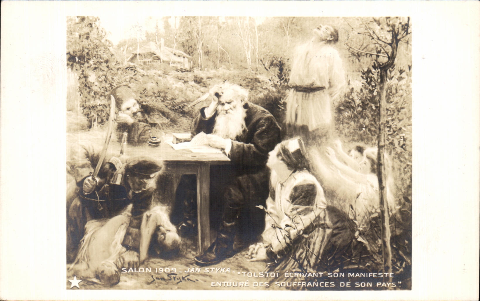 CPA Salon 1909 Tolstoi writing its proclamation surrounds of the sufferings of its Russia country