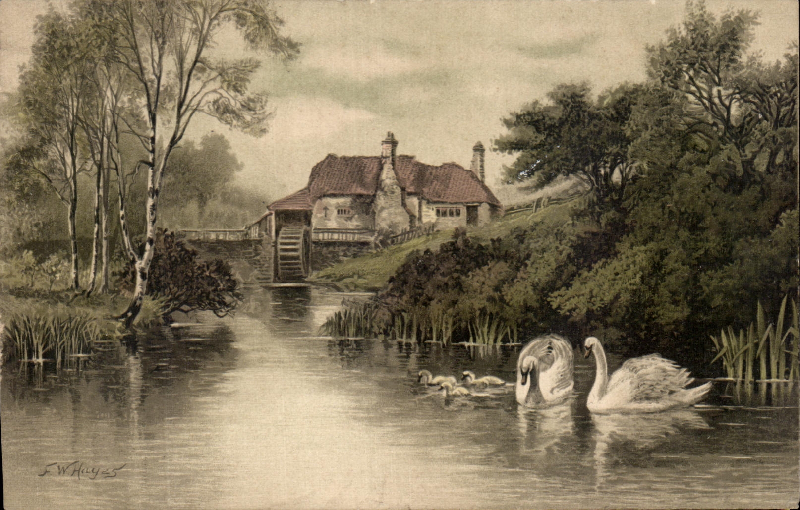 CPA Fantaisie Moulin a roues Cygne 