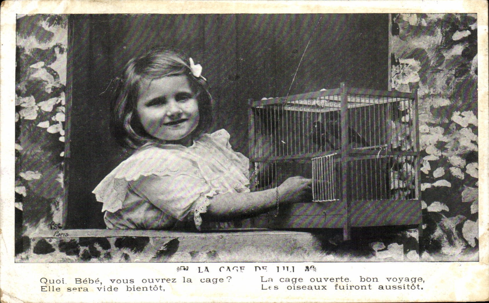 La jaula del nino de CPA Fantaisie tiene pajaros