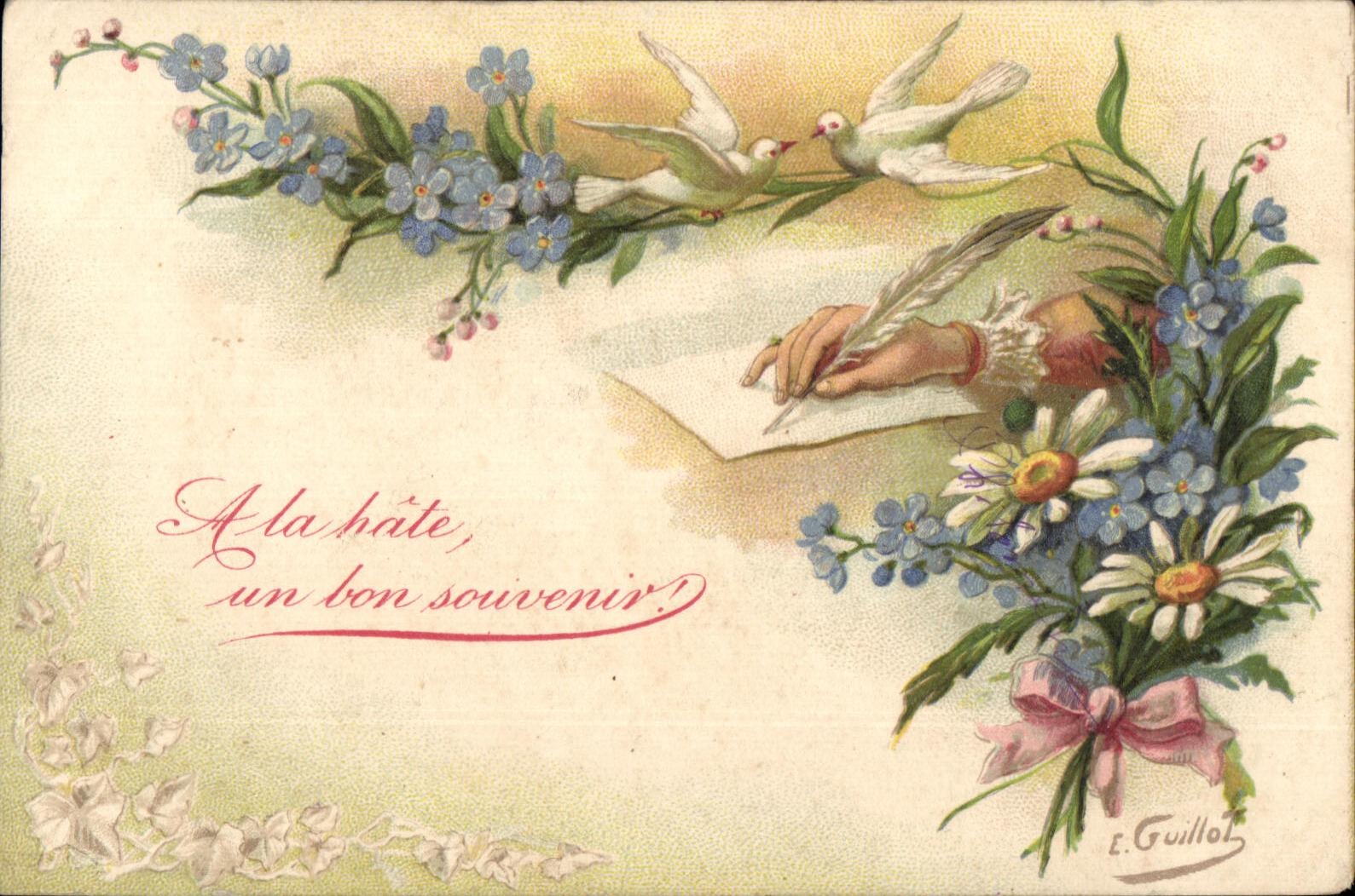 La mano de la fantasia de CPA florece palomas