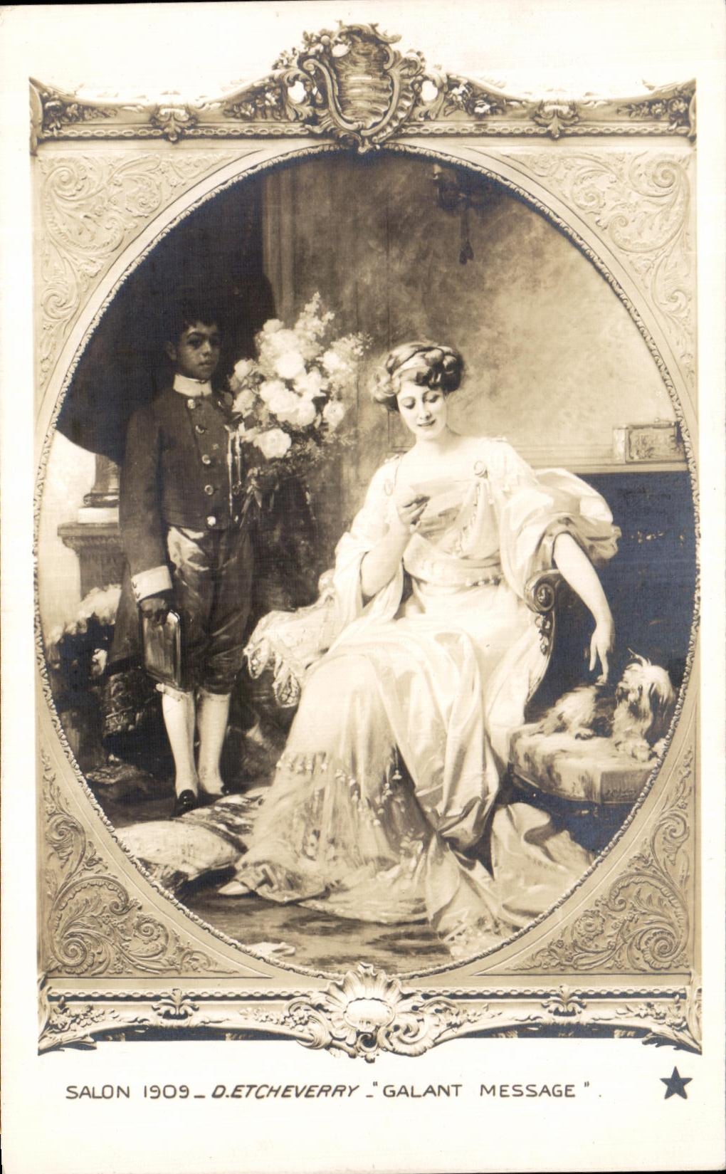 CPA Fantaisie Salon 1909 Etcheverry Galant message chien 