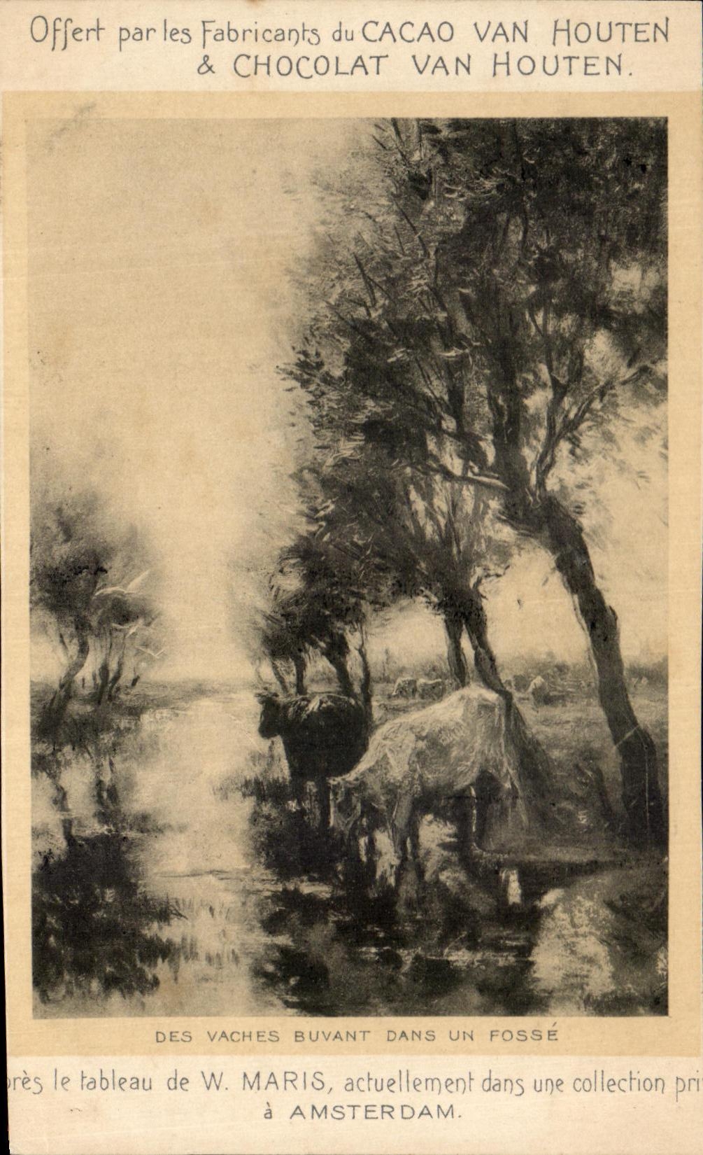 CPA Fantaisie Les vaches buvant dans un fosse Maris Amsterdan Chocolat Van Houten