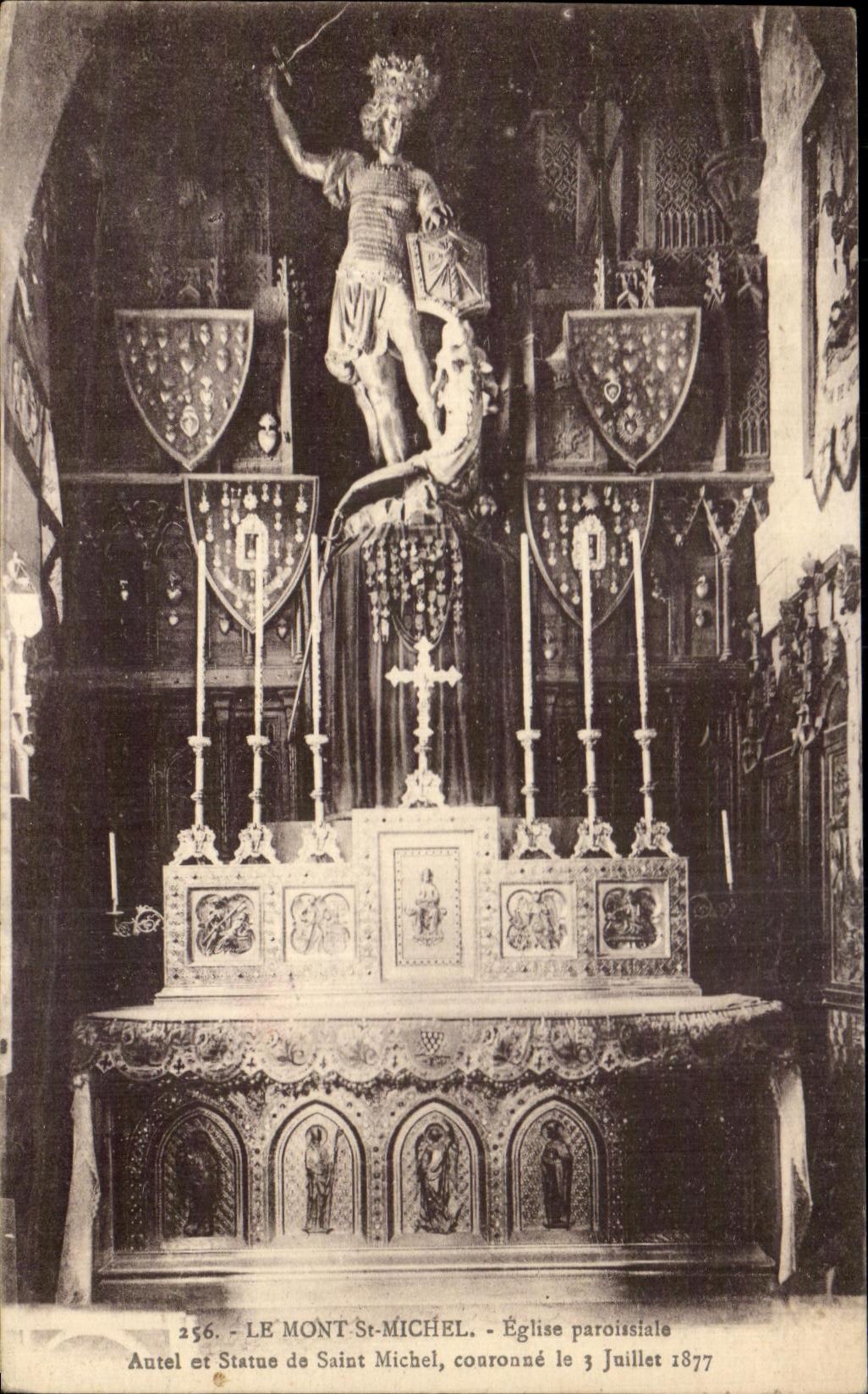 CPA Mont Saint Michel the Parish church Furnace bridge and Statue of Michel Saint Crowns on July 3rd 1877