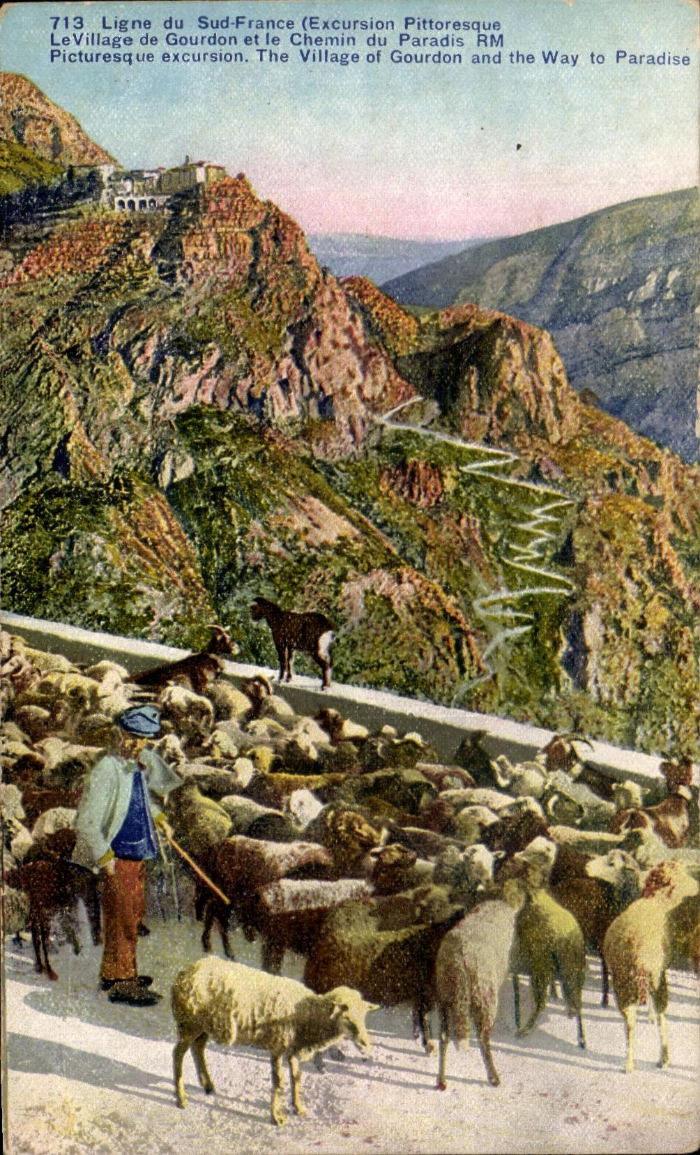 Linea de CPA de la Francia del sur la aldea de Gourdon y la manera del pastor de la cabra de las ovejas del paraiso