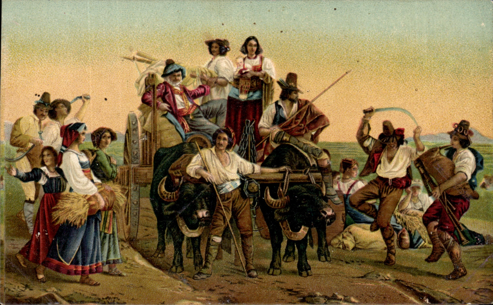 CPA L'arrivee des moissonneurs dans les marais pontins Leopold Robert Boeufs