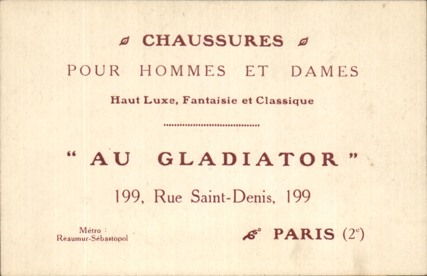 Calling card Shoes For Men And Ladies In Gladiator Street Saint Denis Paris Reaumur Sebastopol