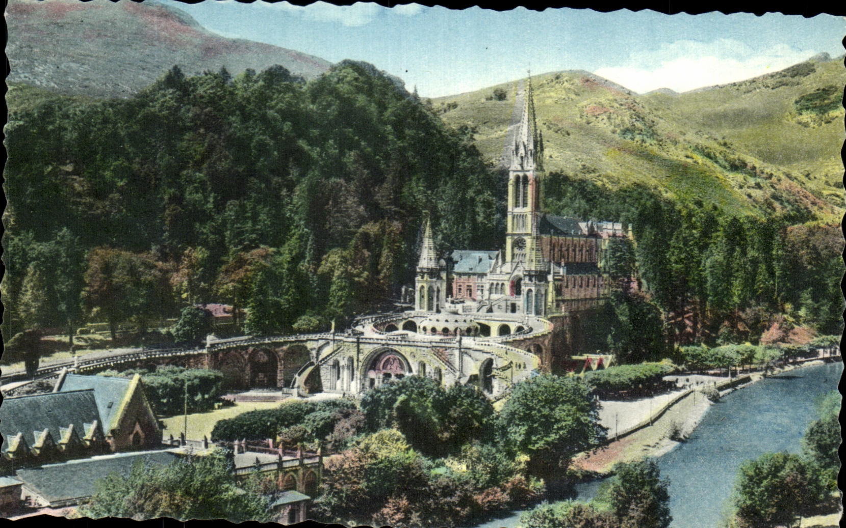 CPA Lourdes the Basilica and Gave