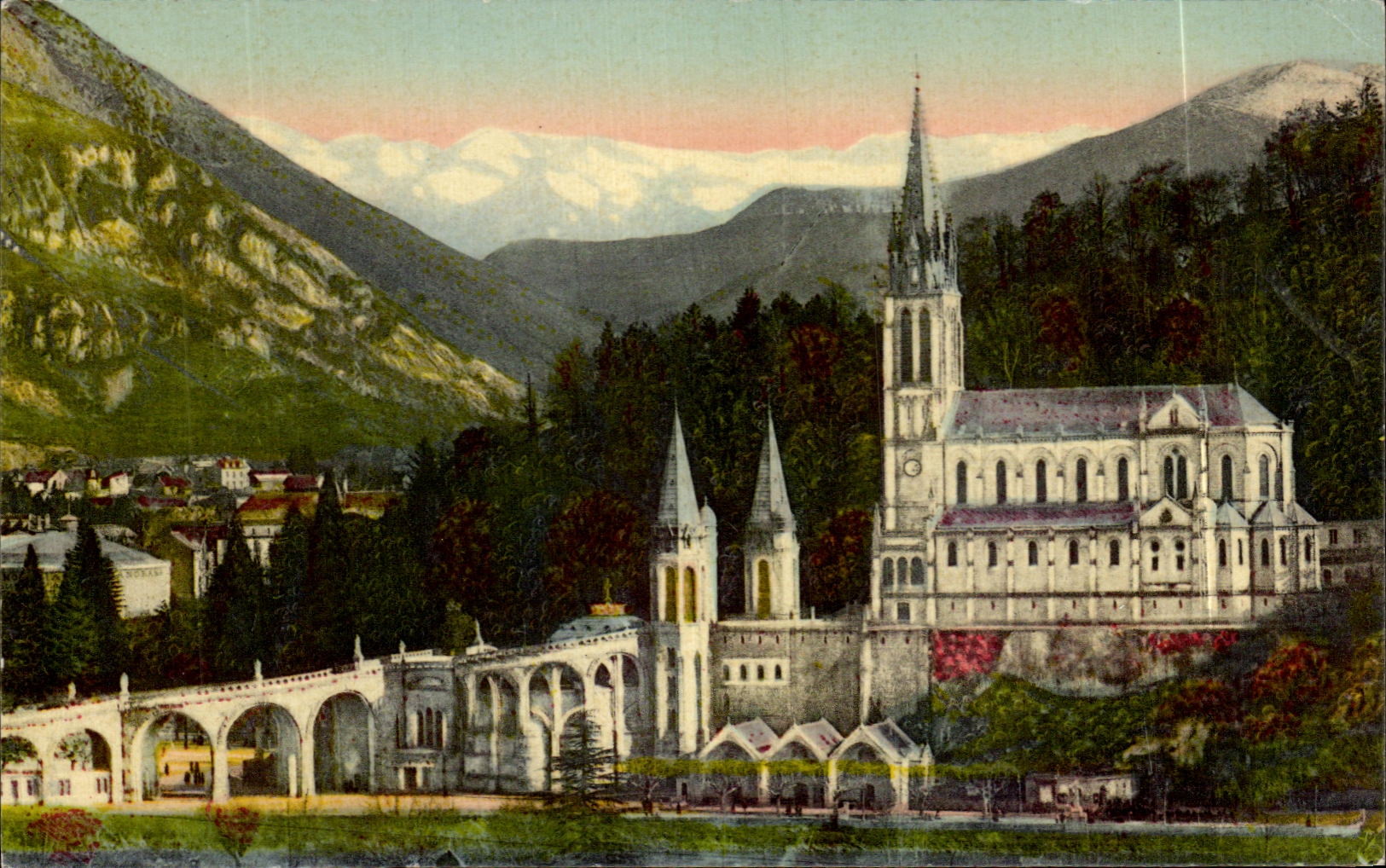 CPA Lourdes the basilica And Mountains