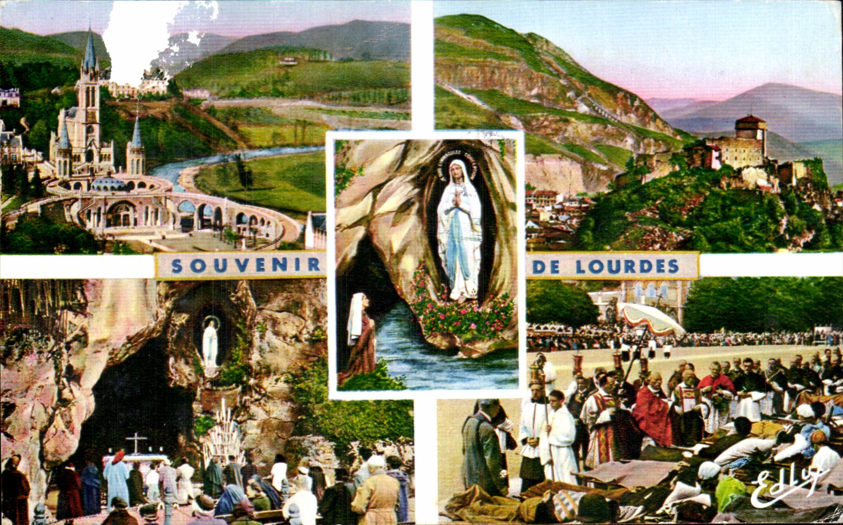CPSM Souvenir Of Lourdes the basilica the cave the castle Fort the Blessing of the Patients and Apparation