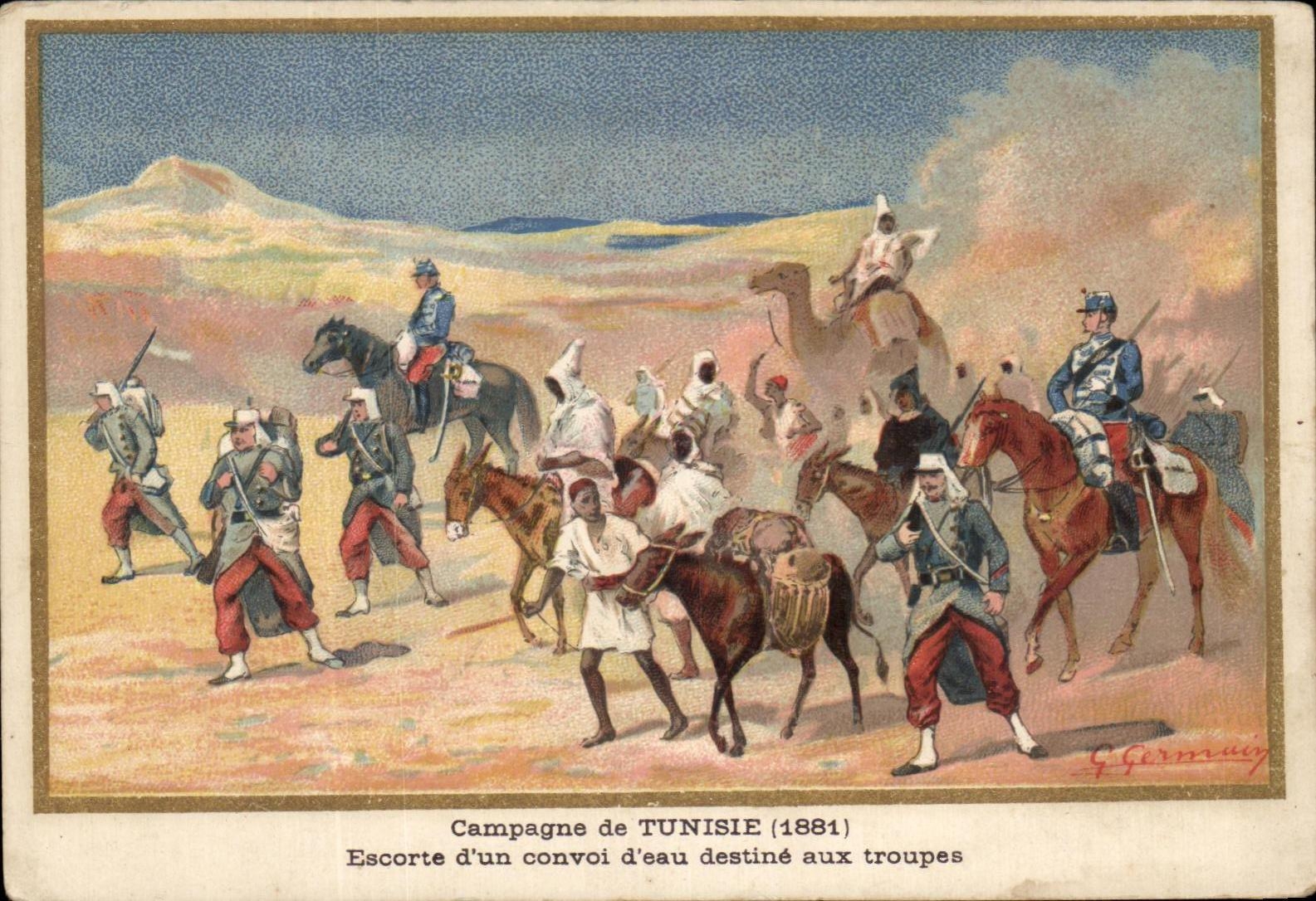 La imagen Campagne de Tunez 1881 acompanamientos de un convoy del agua penso para las tropas de Militaria