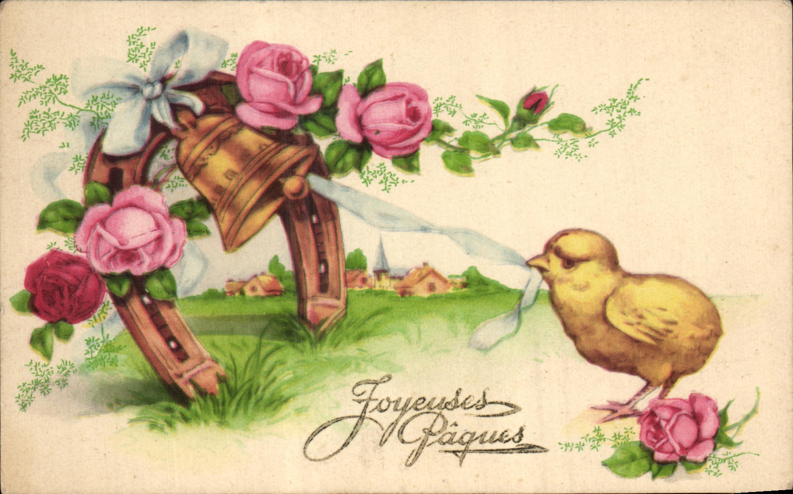 Feliz CPA Pascua florece polluelos