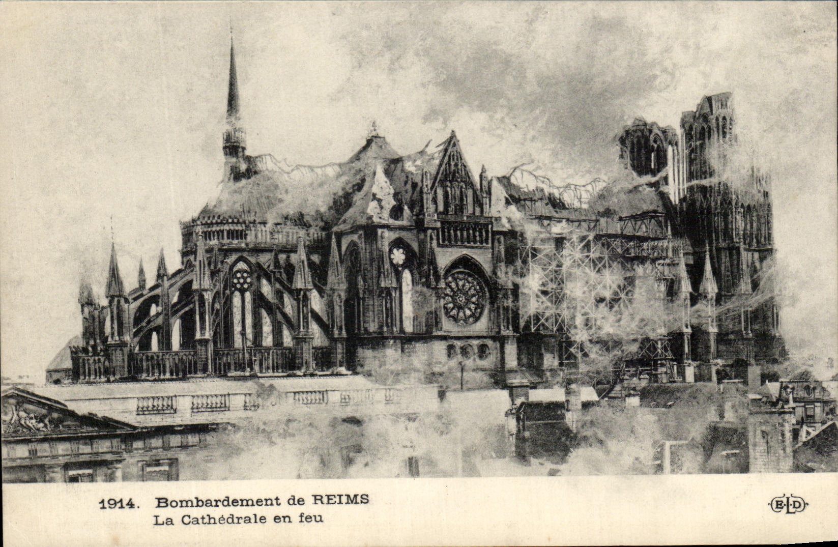 CPA Bombardment of Rheims the Cathedral on fire Militaria