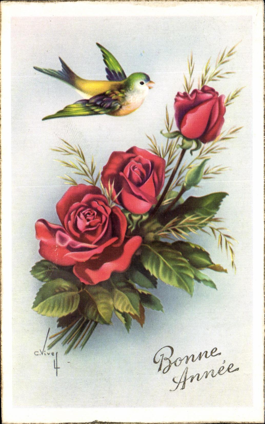 CPA Bonne Annee Fleurs Roses oiseau
