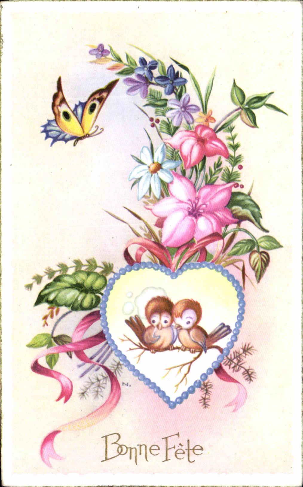 CPA Bonne fete Oiseau Papillon 