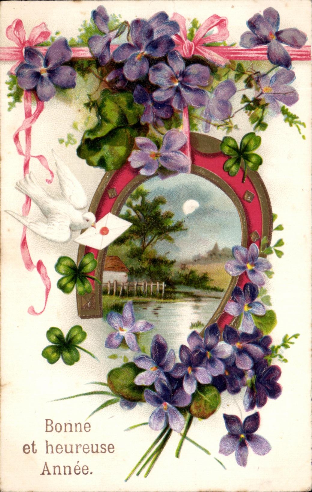 CPA Bonne et Heureuse Annee Colombes Fleurs Fer a cheval