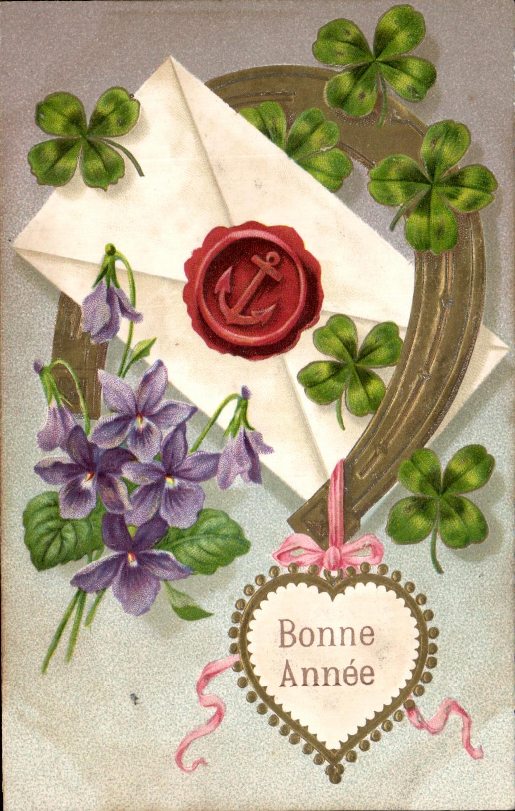CPA Bonne Annee Fleurs Trefles Fer a cheval