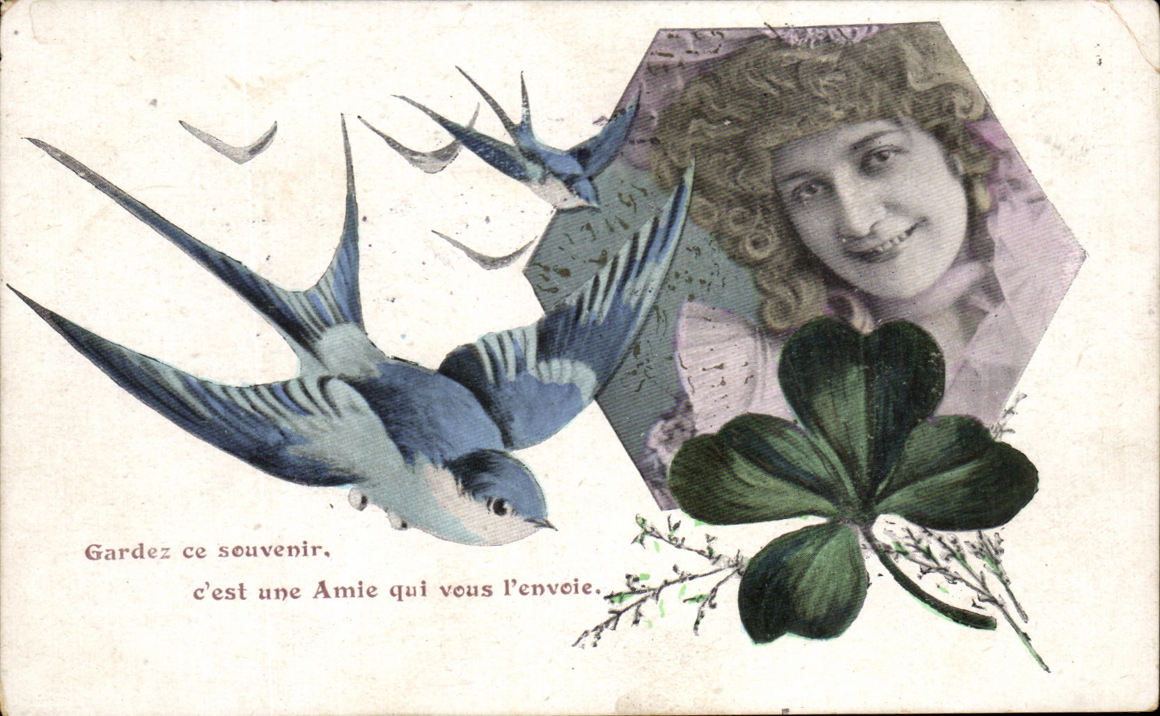 CPA Fantaisie Femme Hirondelle Trefle 