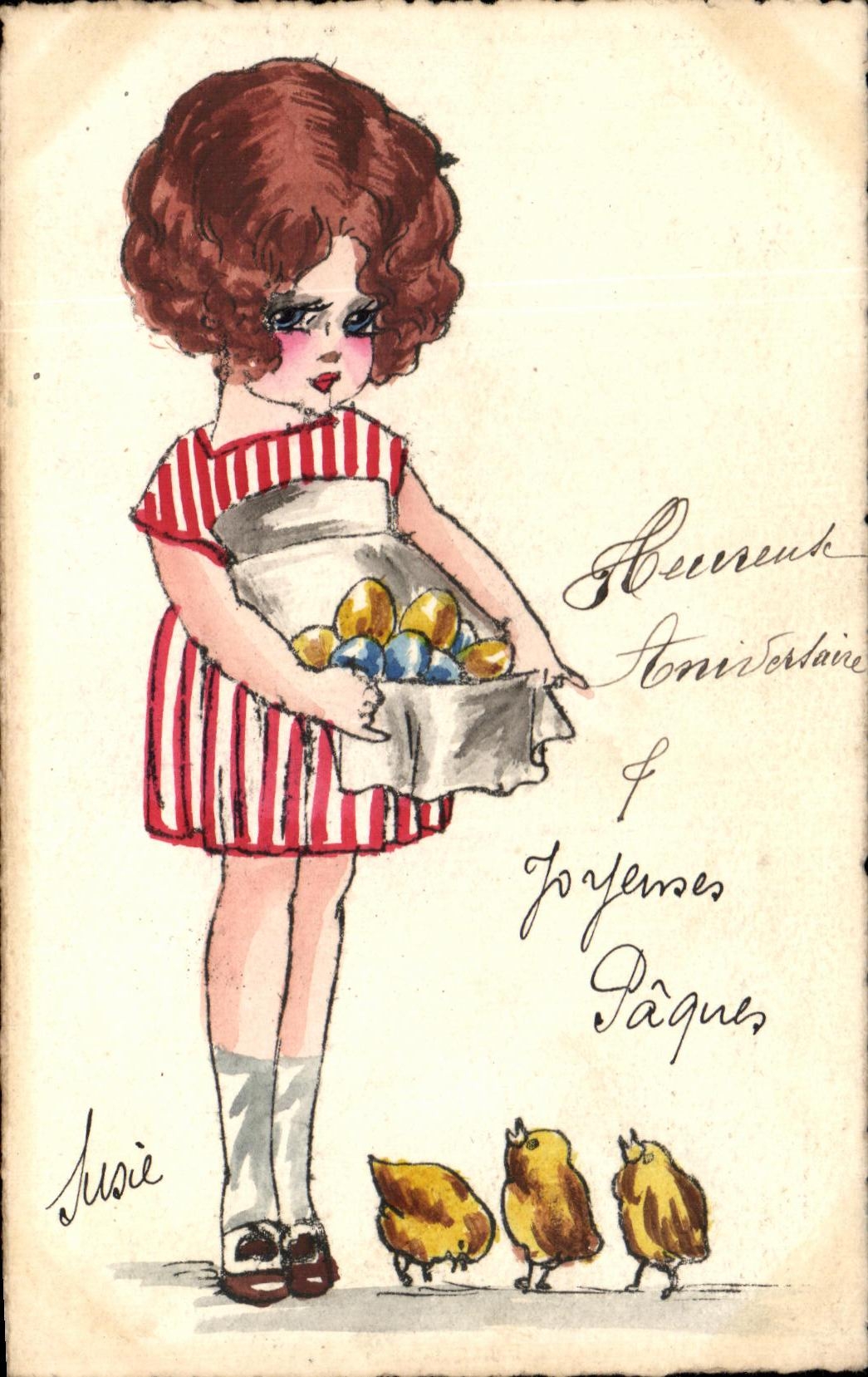 CPA Fantaisie Femme Poussins Paques 