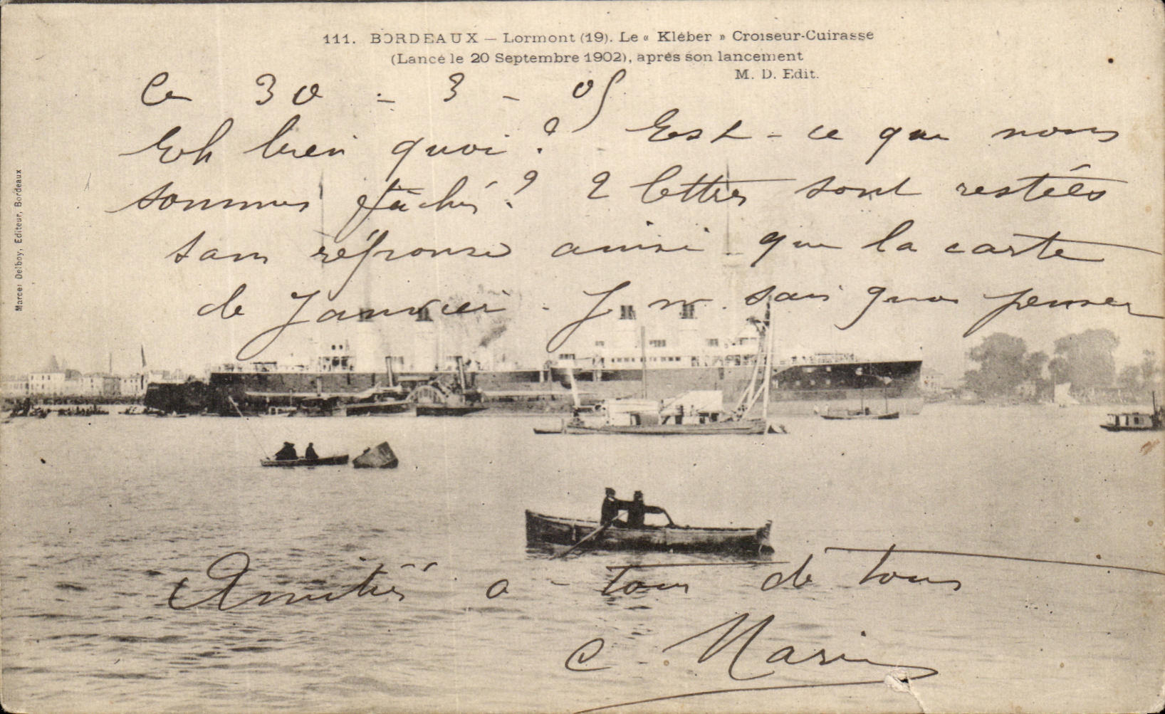 CPA Bordeaux Lormont Le Kleber Croiseur Cuirasse lance le 20 septembre 1902 apres son lancement Bateau