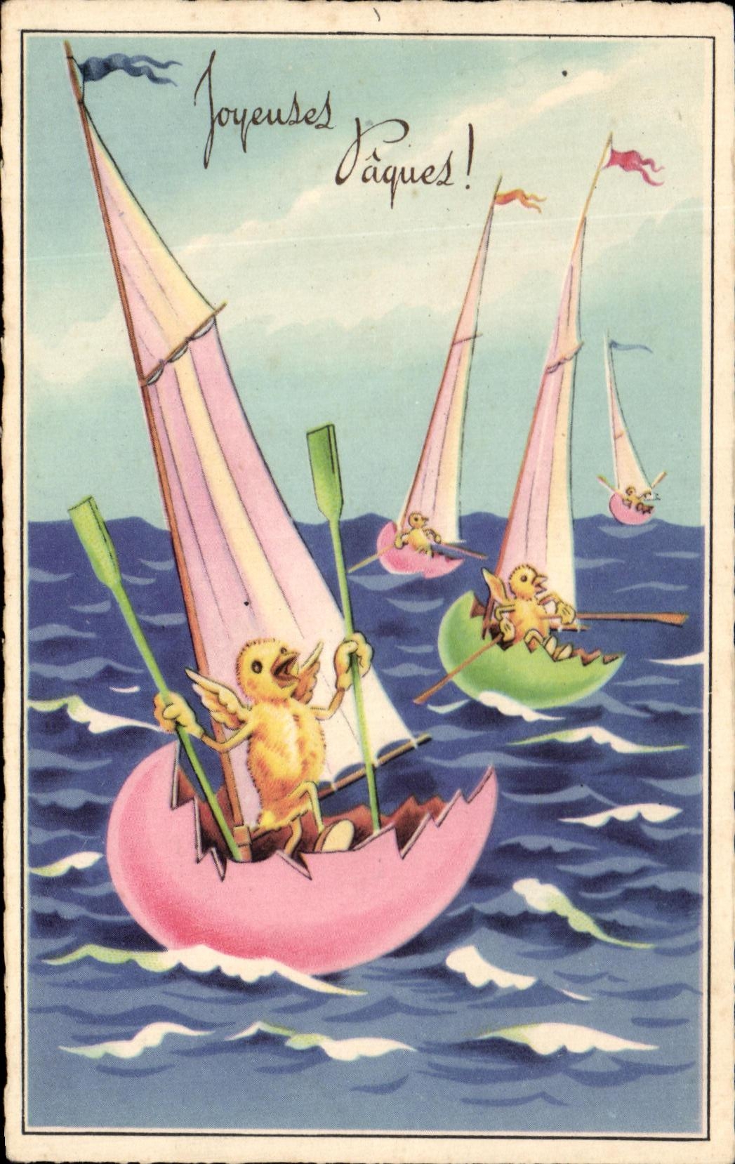 CPA Joyeuses Paques Poussins Bateau oeufs