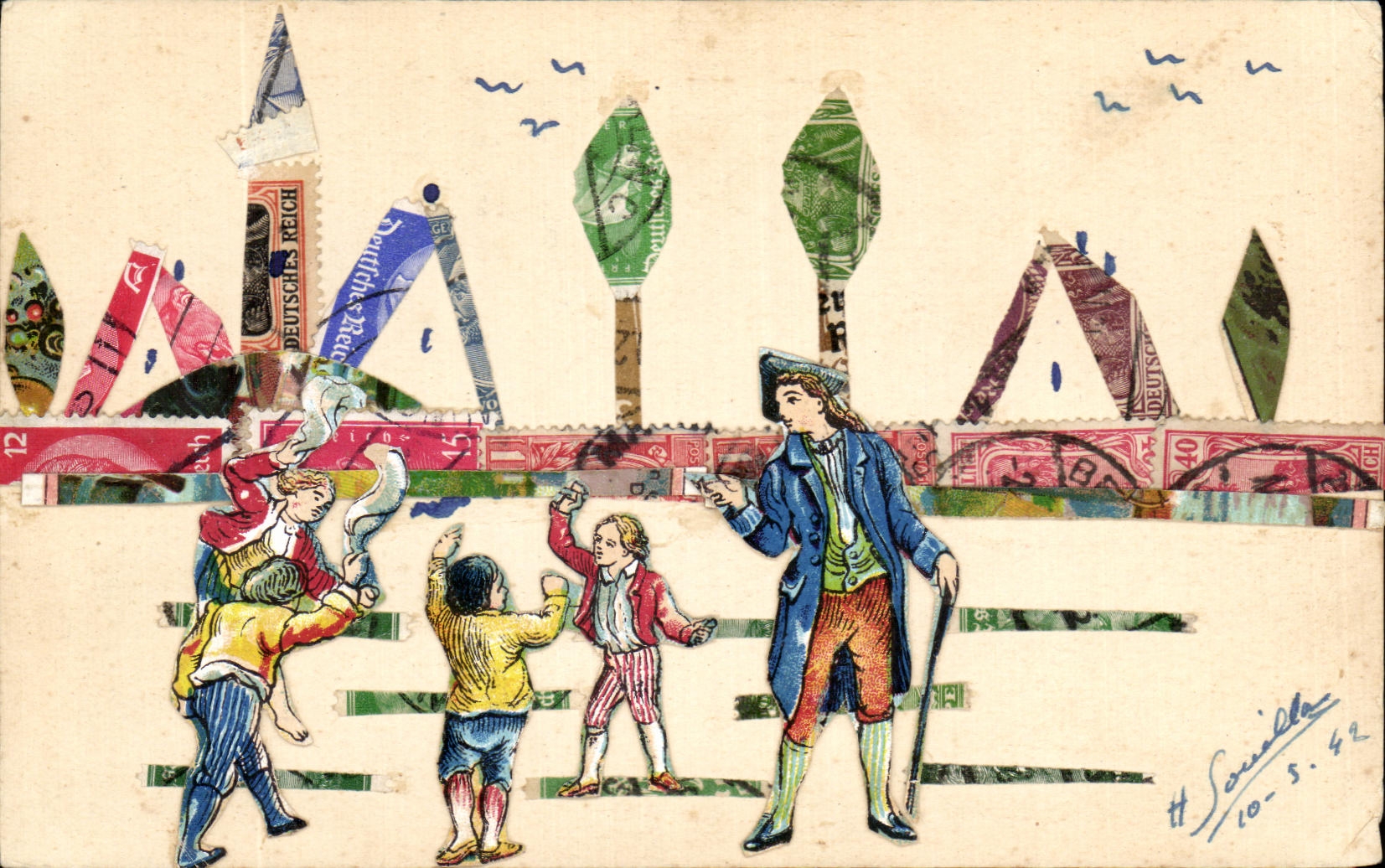 CPA original Decoration cut out children and toimbres 1942