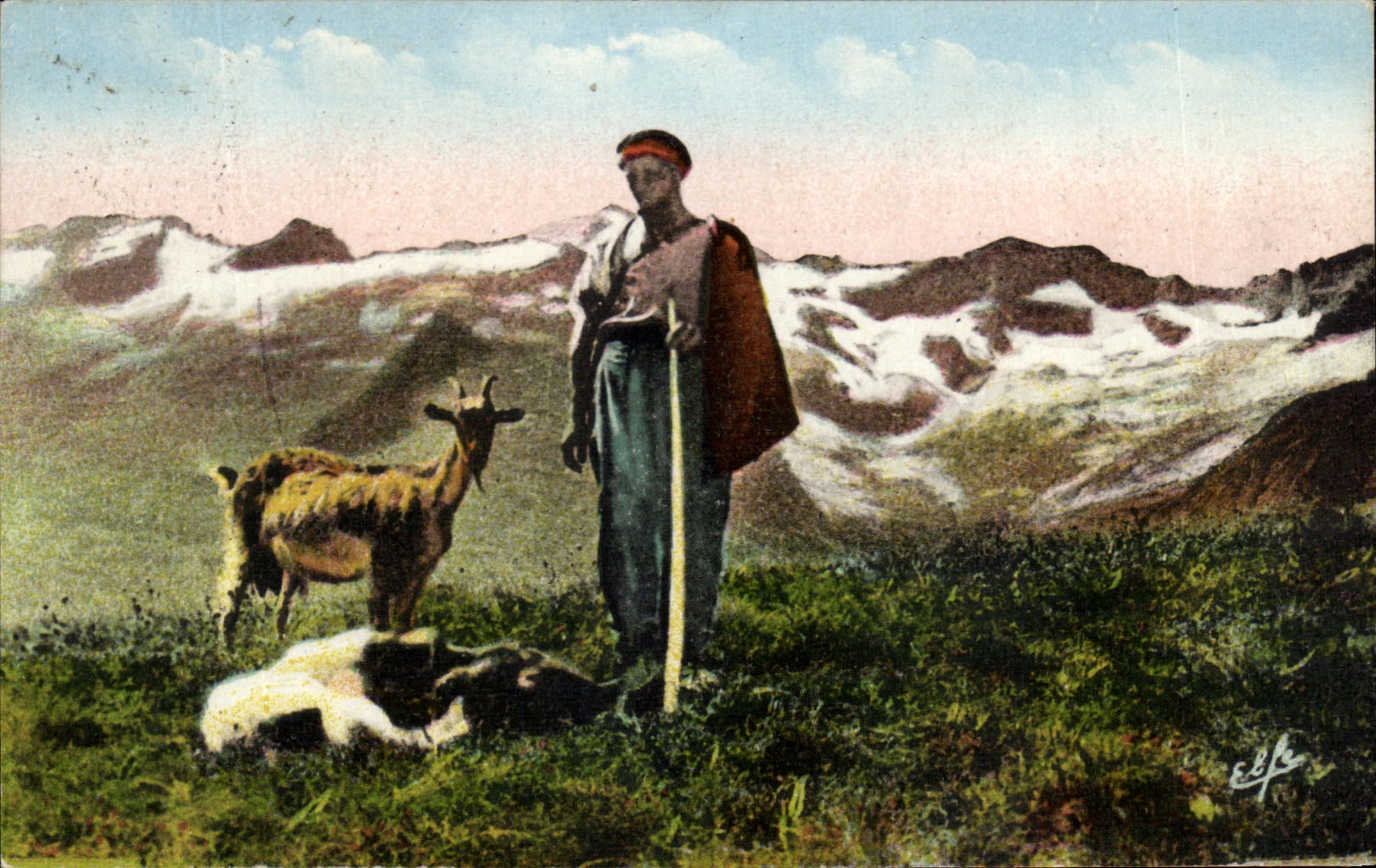 CPA Pyrenees Tables a Shepherd on the Heights dominating the Chain of the Pyrenees Shepherd Goat