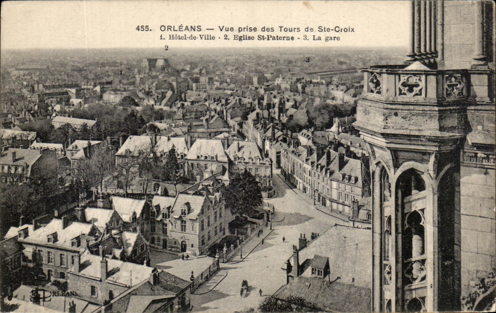 CPA Orleans Vue prise des Tours de Ste de Ste Croix Hotel de Ville Eglise St Patererne La gare