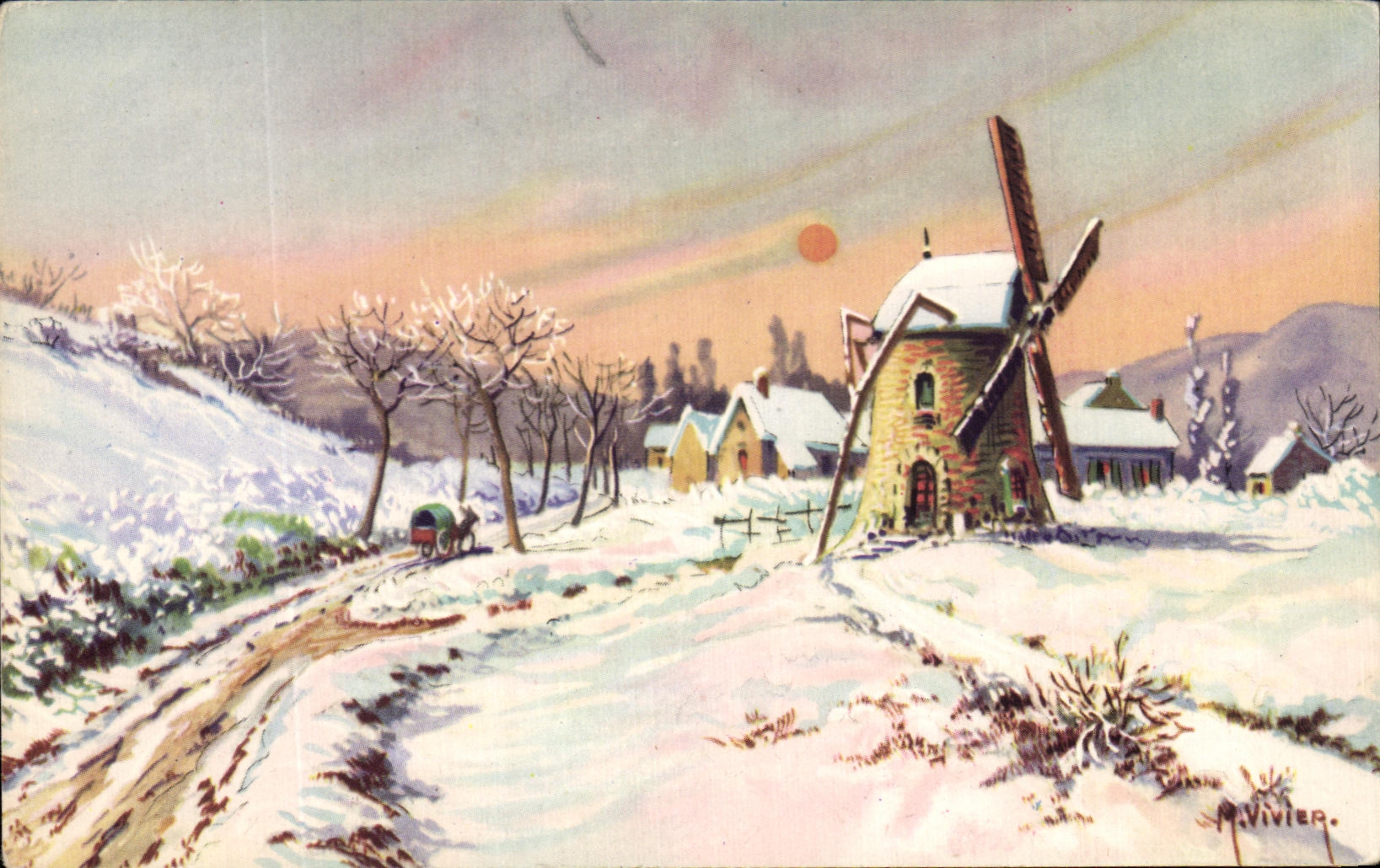 CPA Fantaisie Moulin dans la neige 