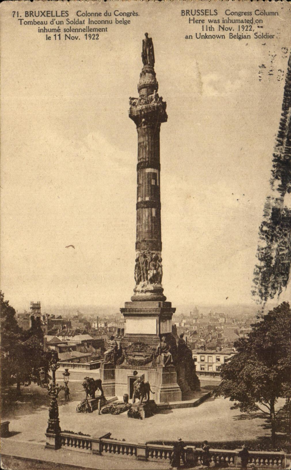 Columna de CPA Bruselas de la tumba de los congrios de un soldado desconocido belga