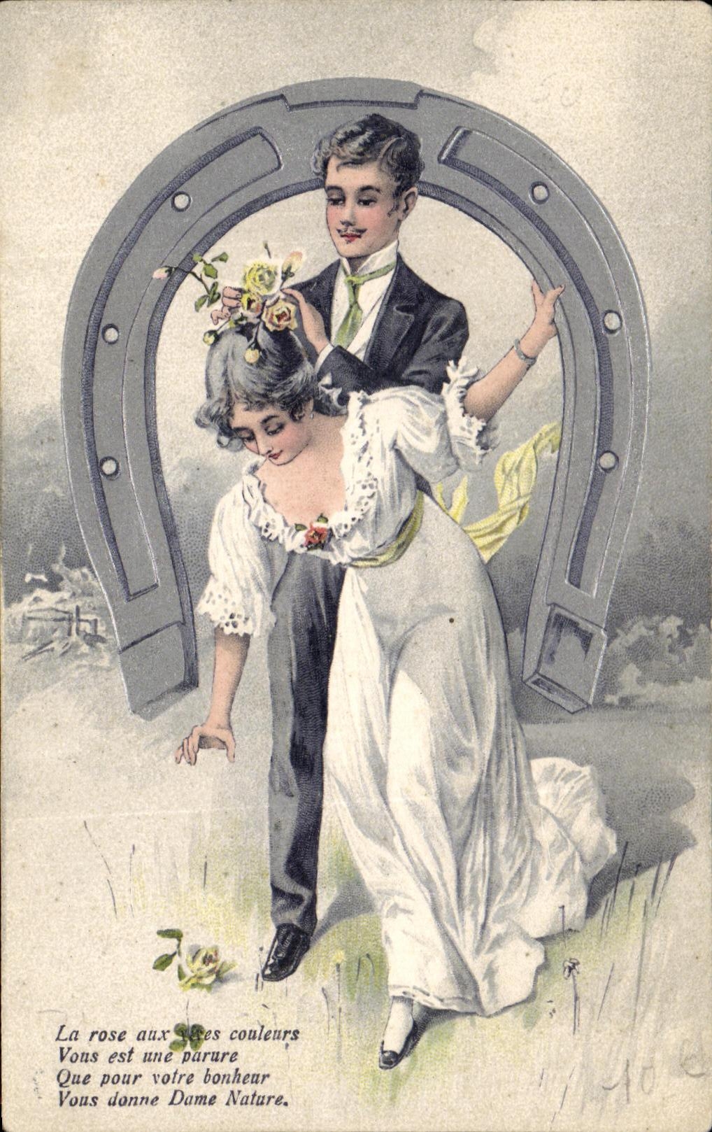 CPA the Rose with the colors is to You an ornament Fantaisie Woman Horseshoe