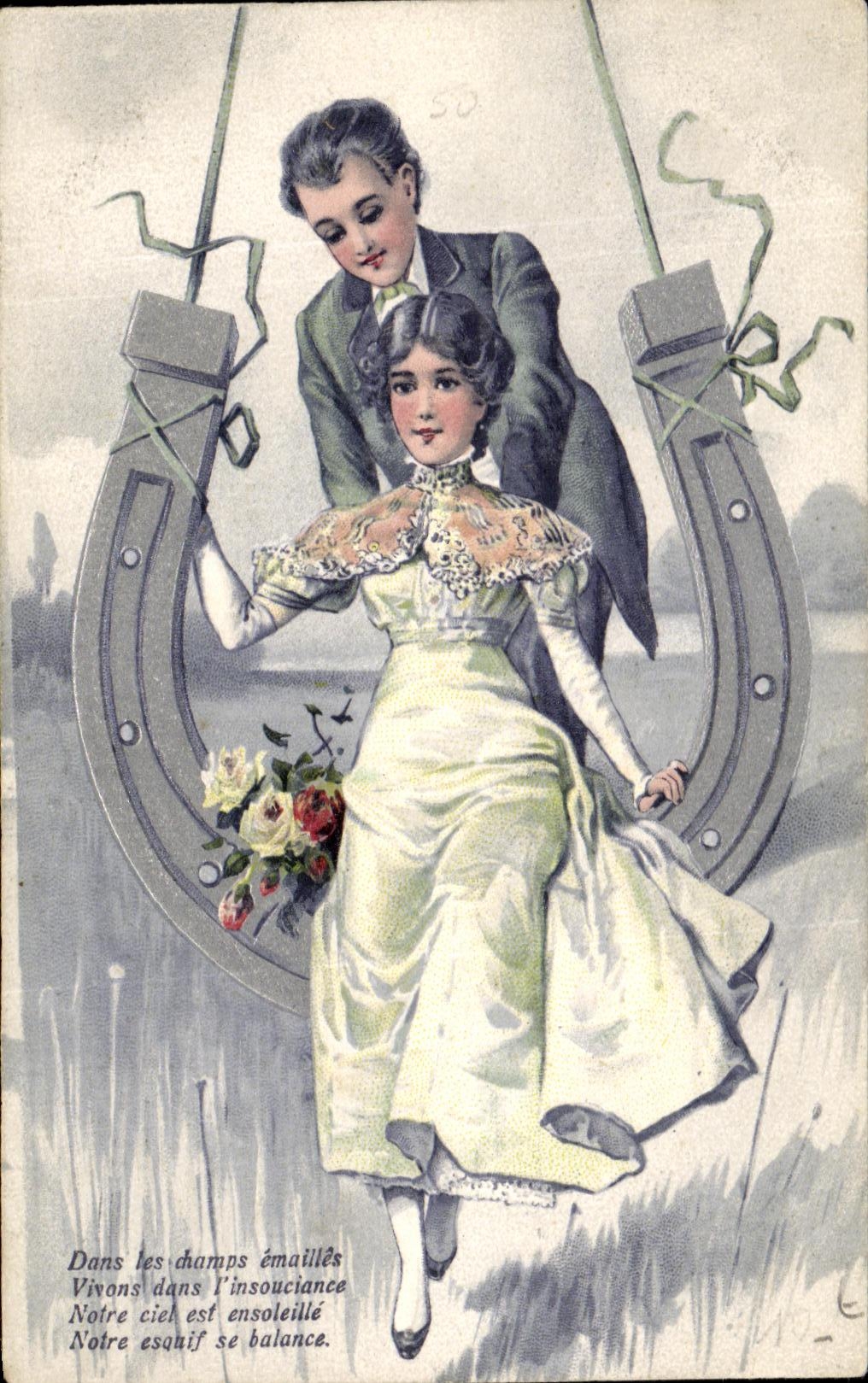 CPA In the fields enamel Vivans in I' Insouciance Fantasy Woman Horseshoe