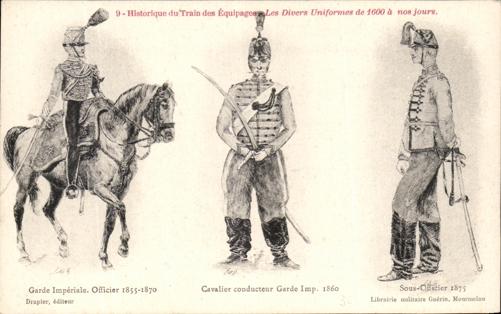 CPA Historique du Train des Equipages Les divers Uniformes Cavalier Militaria